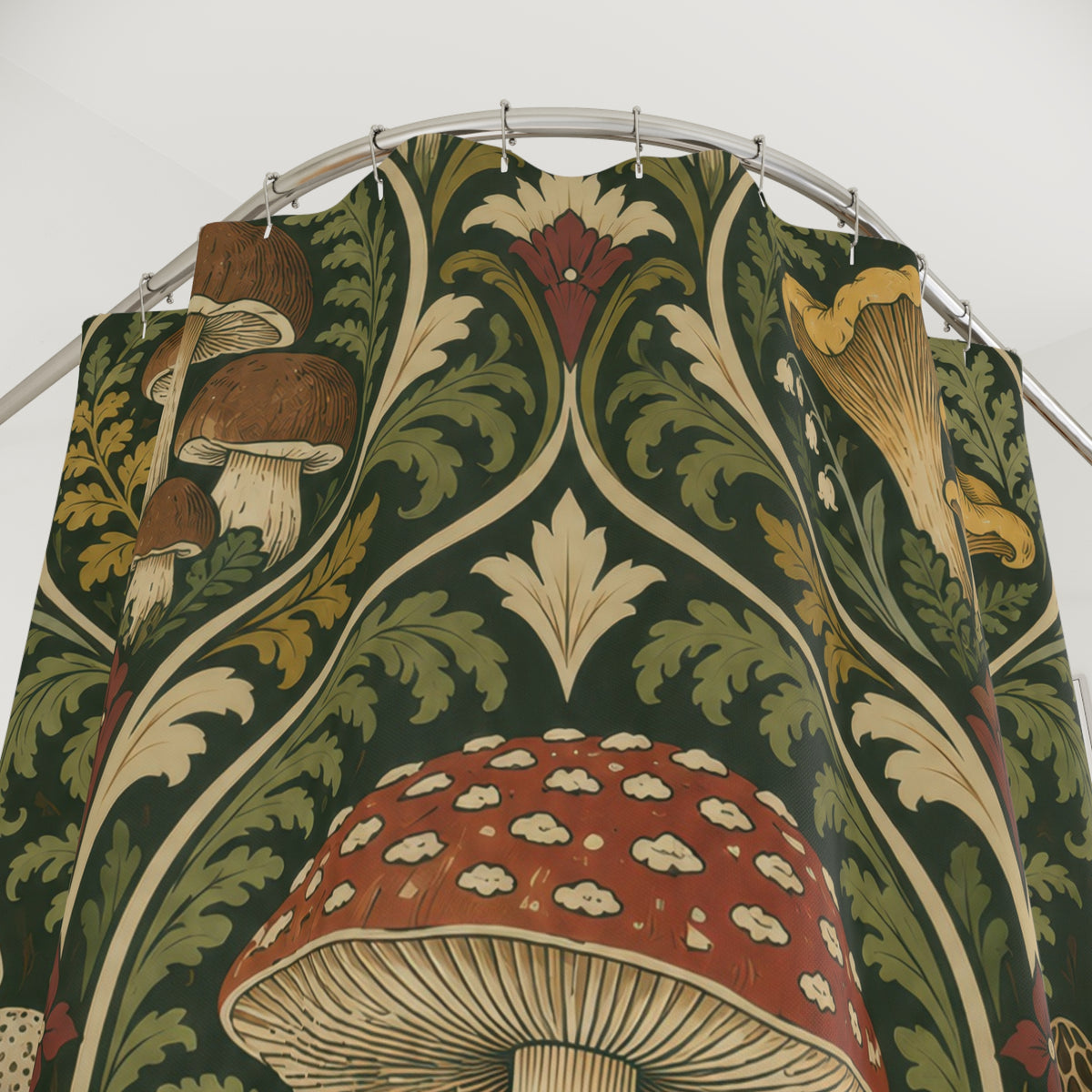 Vintage mushroom ornament in olive green and rust shower curtain with close-up print, hooks, and folds