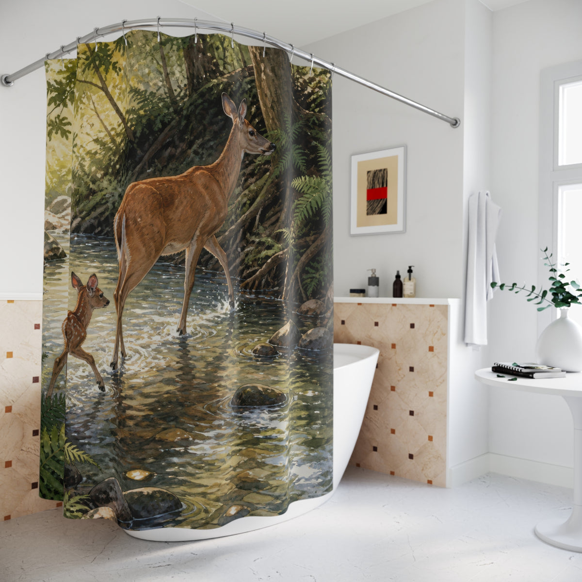 Doe and fawn crossing a sunlit woodland creek shower curtain beside a freestanding tub