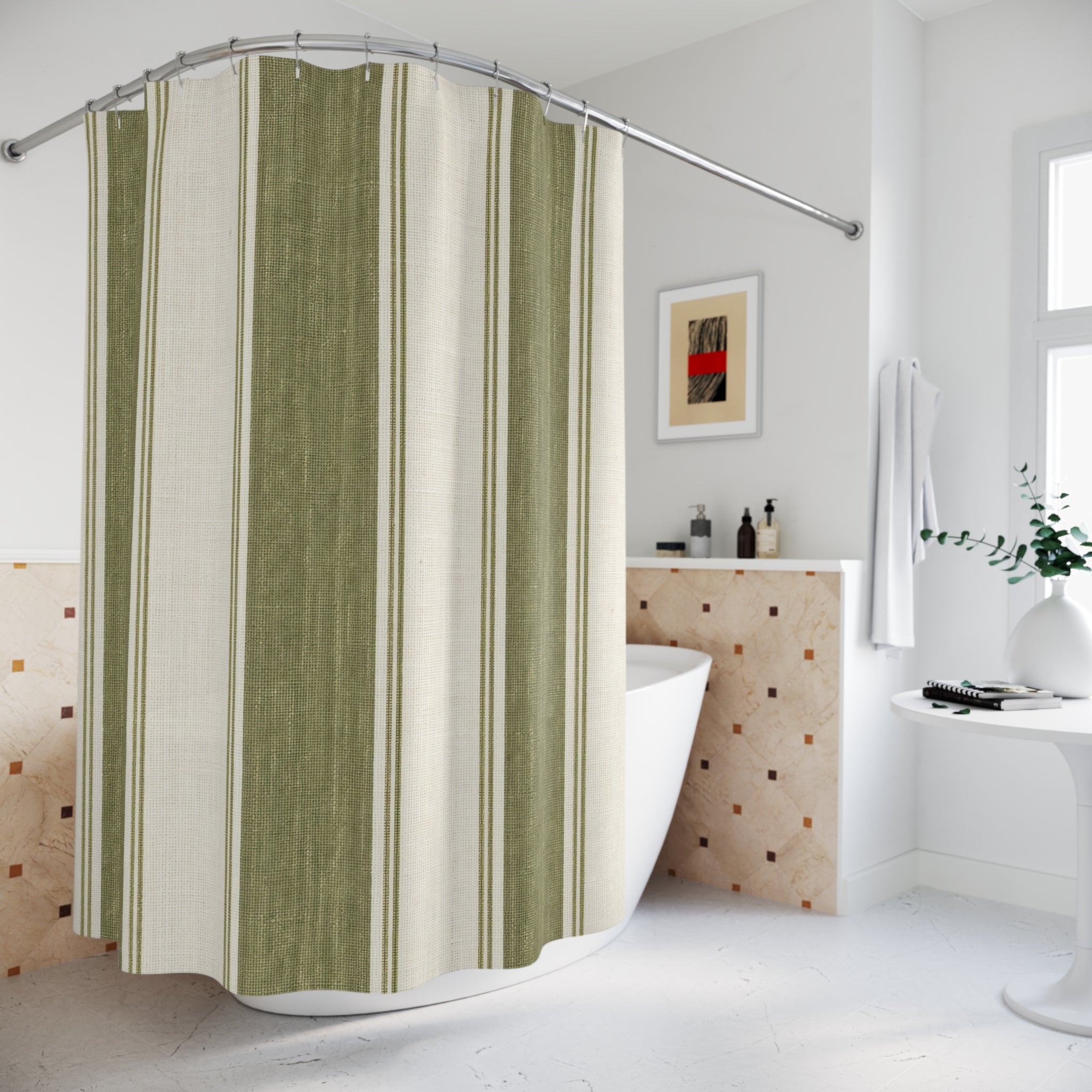 Olive Ivory Stripe Shower Curtain