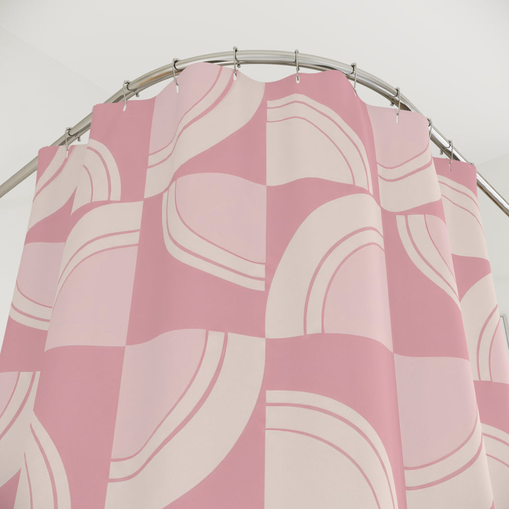 Light pink and cream retro arc tiles shower curtain with close-up print, hooks, and folds