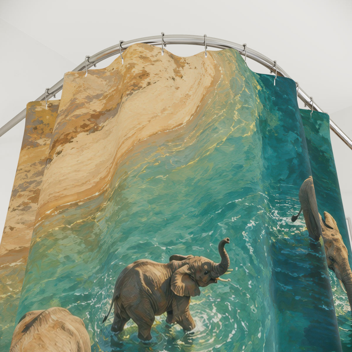 Elephant family in turquoise water shower curtain with close-up print, hooks, and folds