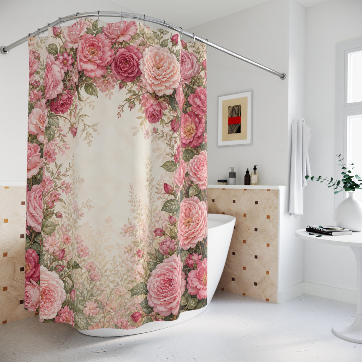 Blush rose and peony garden arch shower curtain beside a freestanding tub