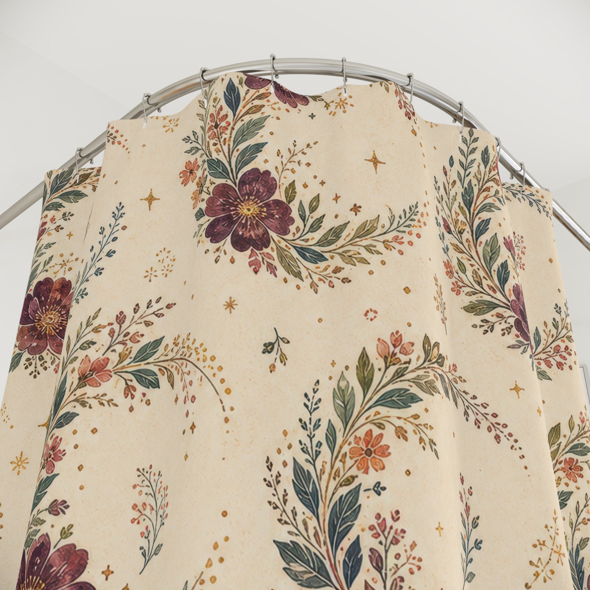 Cream Crescent Wreath Boho Floral Shower Curtain