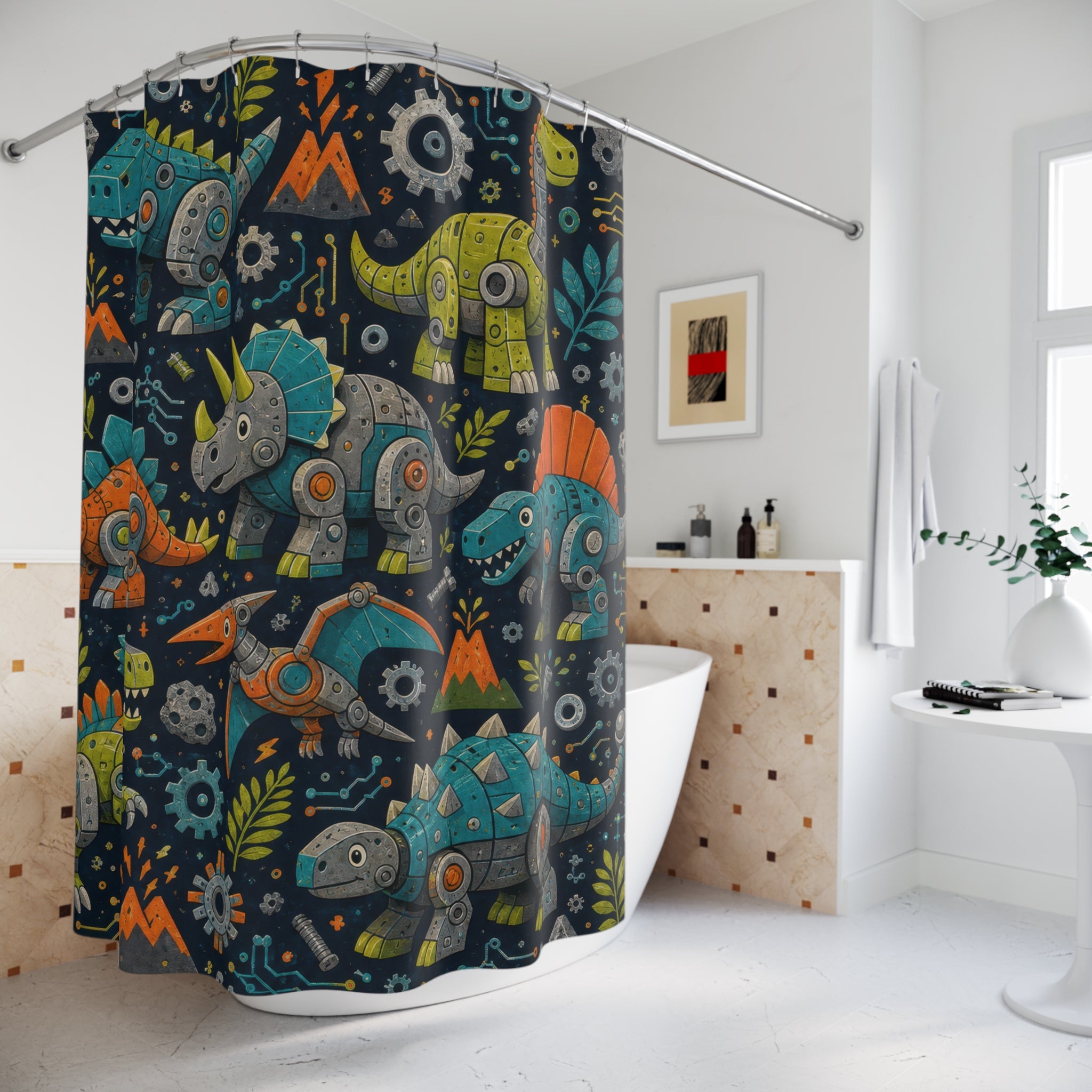 Cute Dinosaur Shower Curtain, Navy Kids Bathroom Decor, Friendly Dinosaur Bath Curtain, Boys Bathroom Decor, Dino Pattern, Playful Style