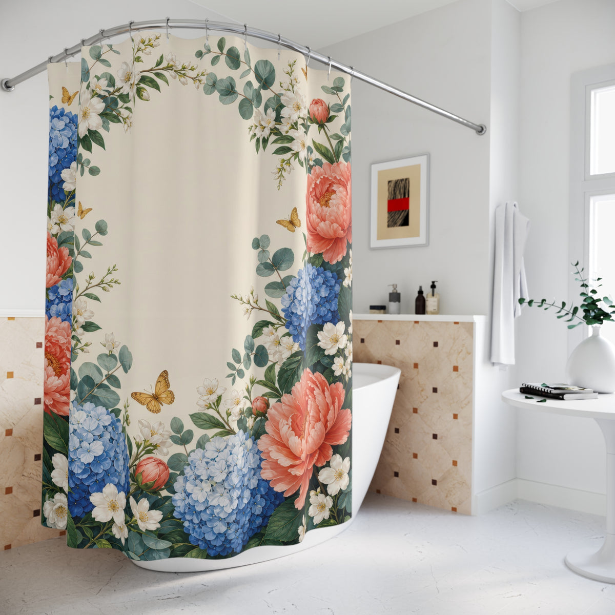 Best Signature Hydrangea Peony Garden shower curtain beside a freestanding tub