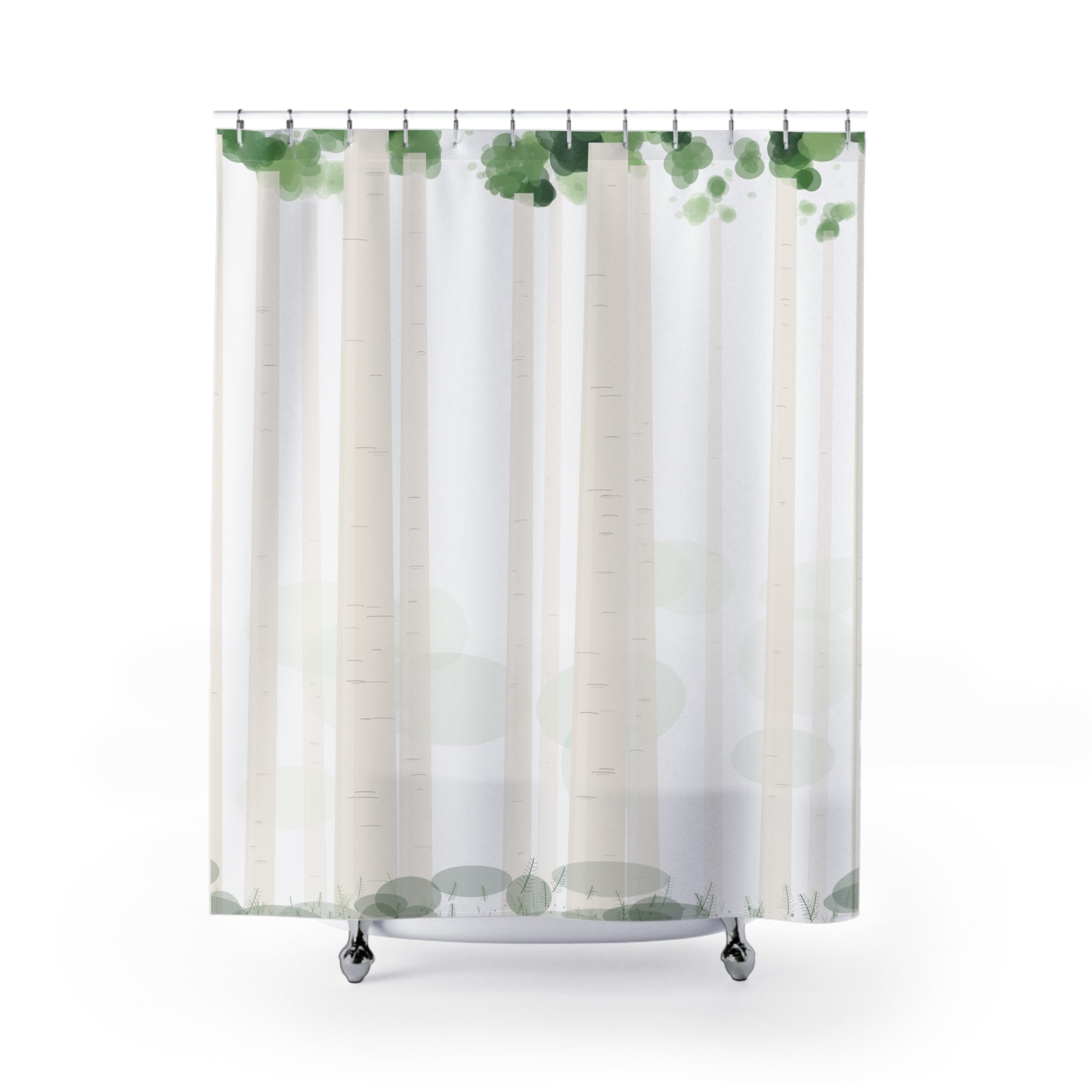 Birch Tree Watercolor Shower Curtain – Green and White