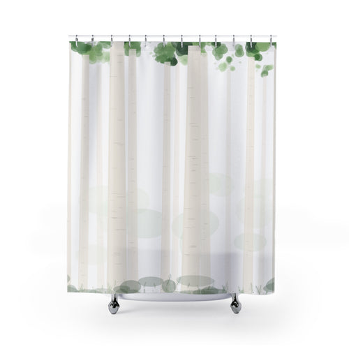 Birch Tree Watercolor Shower Curtain – Green and White