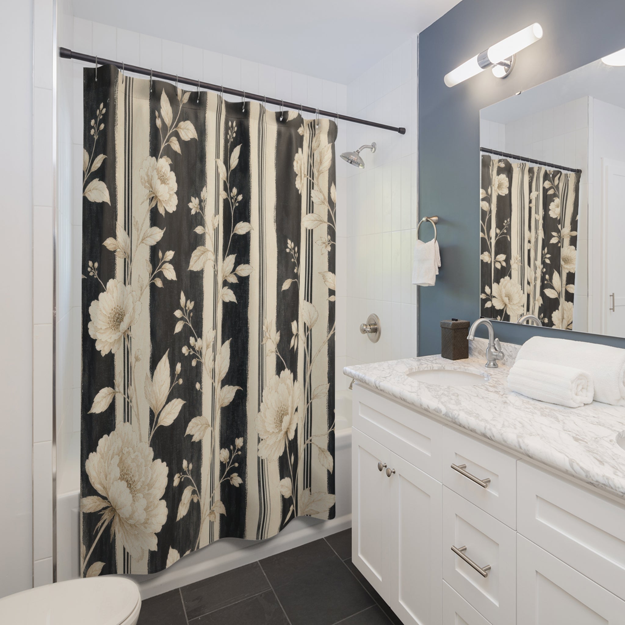 Cream Botanical Stripe Shower Curtain