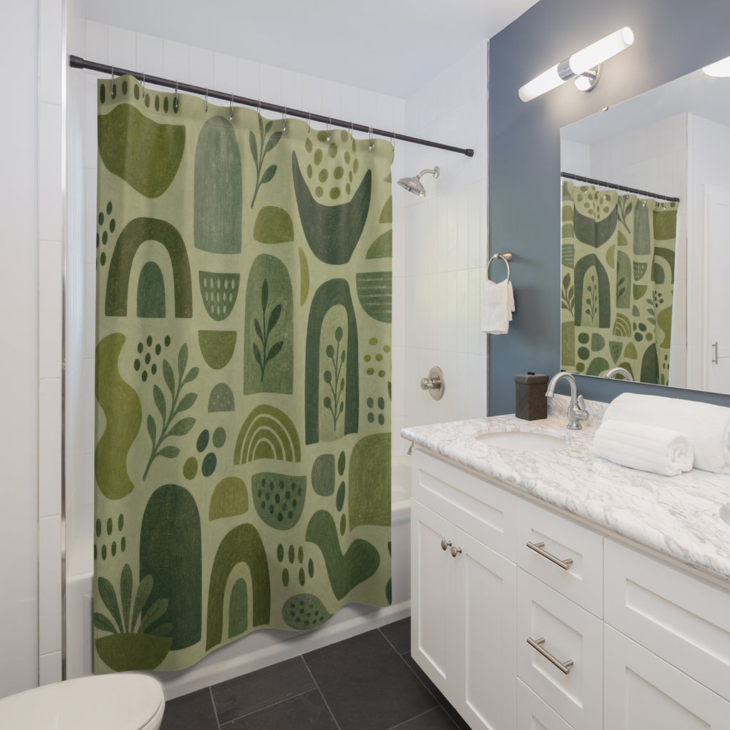 Sage Green Shower Curtain, Abstract Botanical Bath Decor, Arch Leaf Pattern, Modern Boho Guest Bathroom Decor, Earthy Green Style