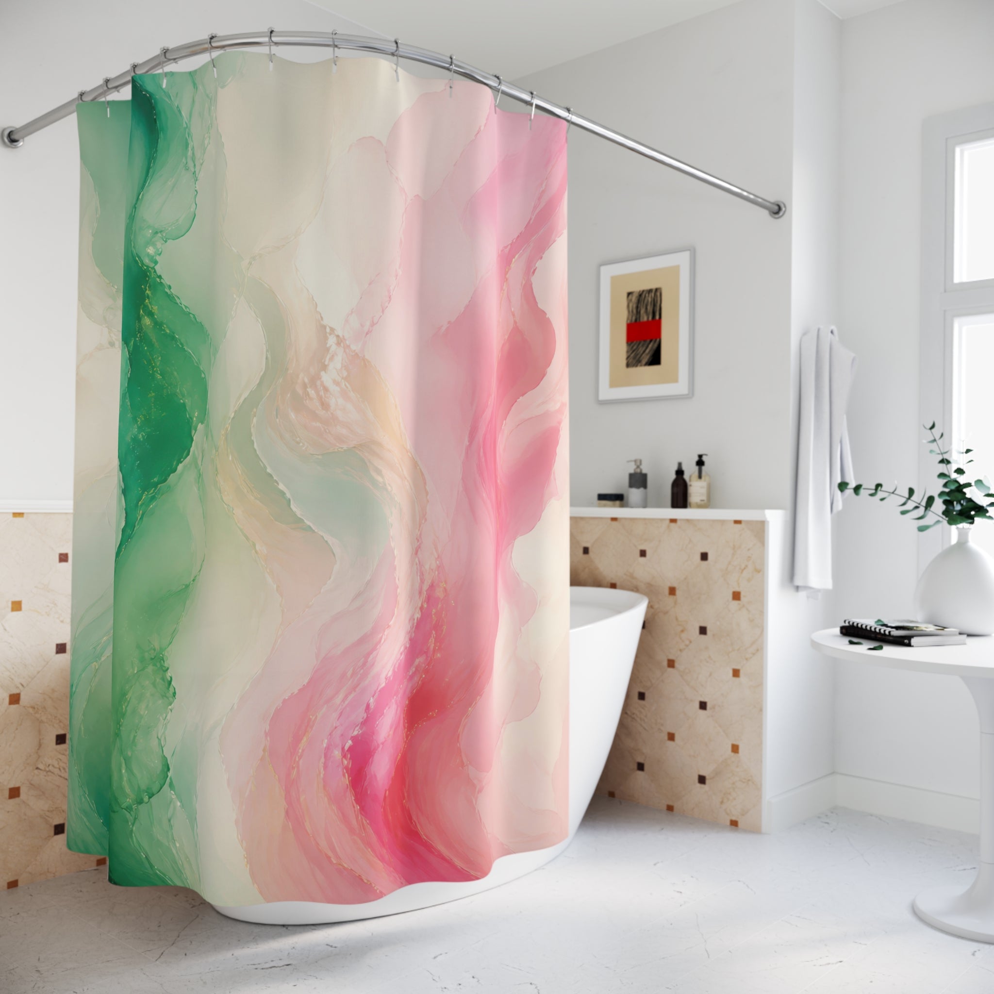 Green and pink sweeping ribbon color field shower curtain beside a freestanding tub