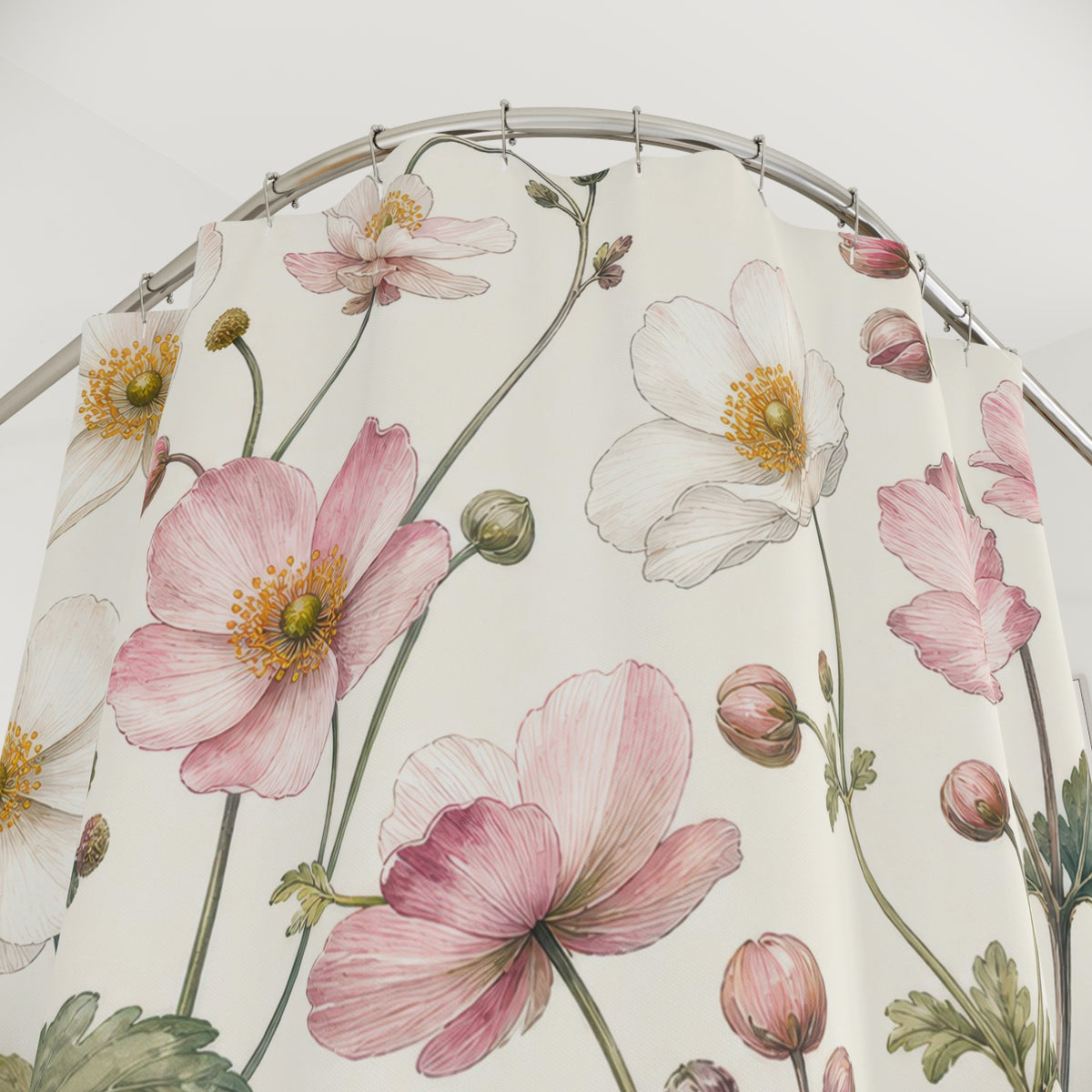 Pink White Anemone Botanical flower shower curtain with close-up print, hooks, and folds