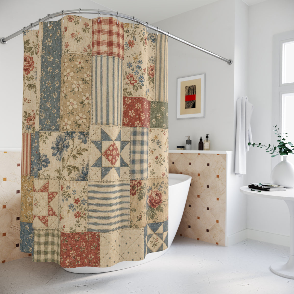 Vintage Farmhouse Patchwork feedsack country shower curtain beside a freestanding tub