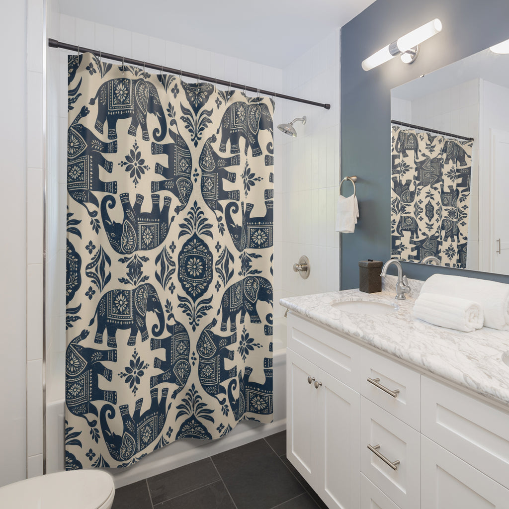 Indigo elephant folk pattern shower curtain beside a white vanity