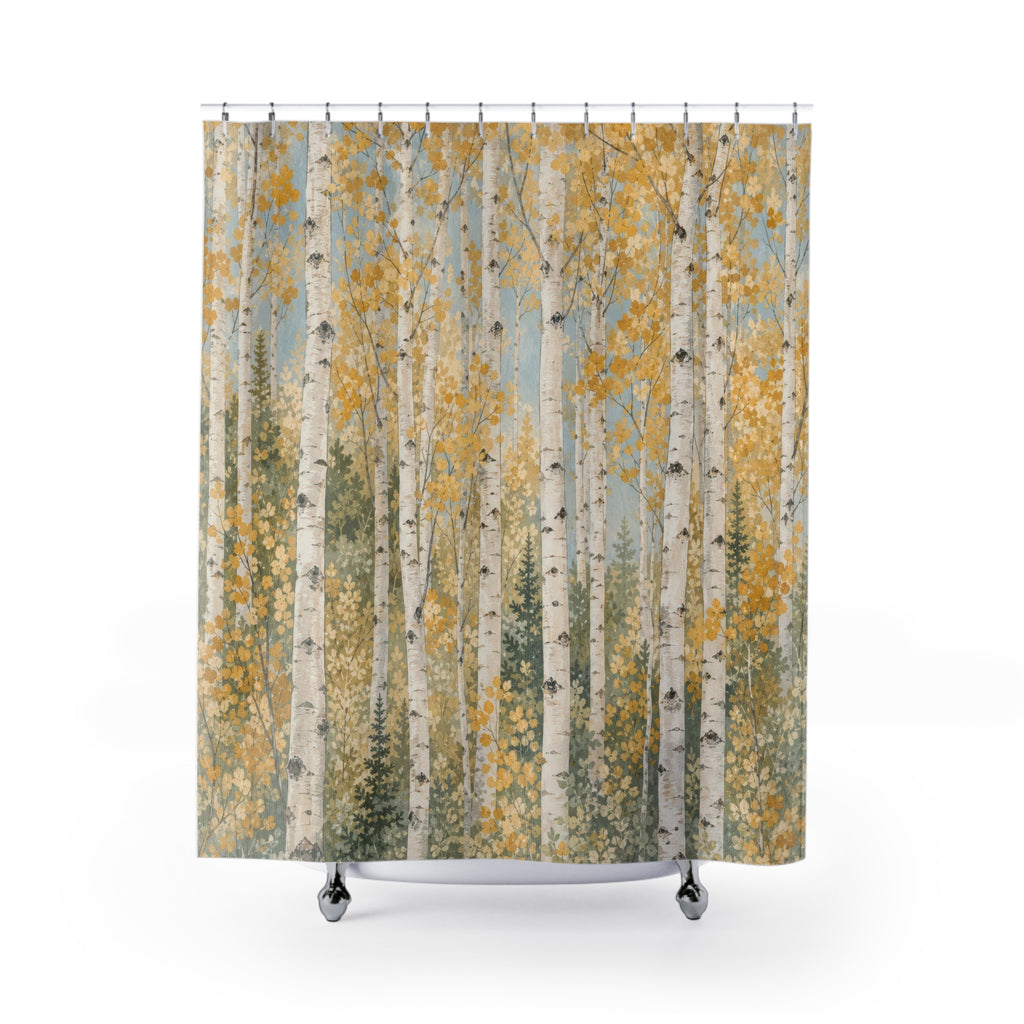 Aspen Tree Shower Curtain, Green White Forest Bath Decor, Golden Leaf Grove Pattern, Airy Nature Inspired Guest Bathroom Cabin Decor