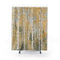 Aspen Tree Shower Curtain, Green White Forest Bath Decor, Golden Leaf Grove Pattern, Airy Nature Inspired Guest Bathroom Cabin Decor