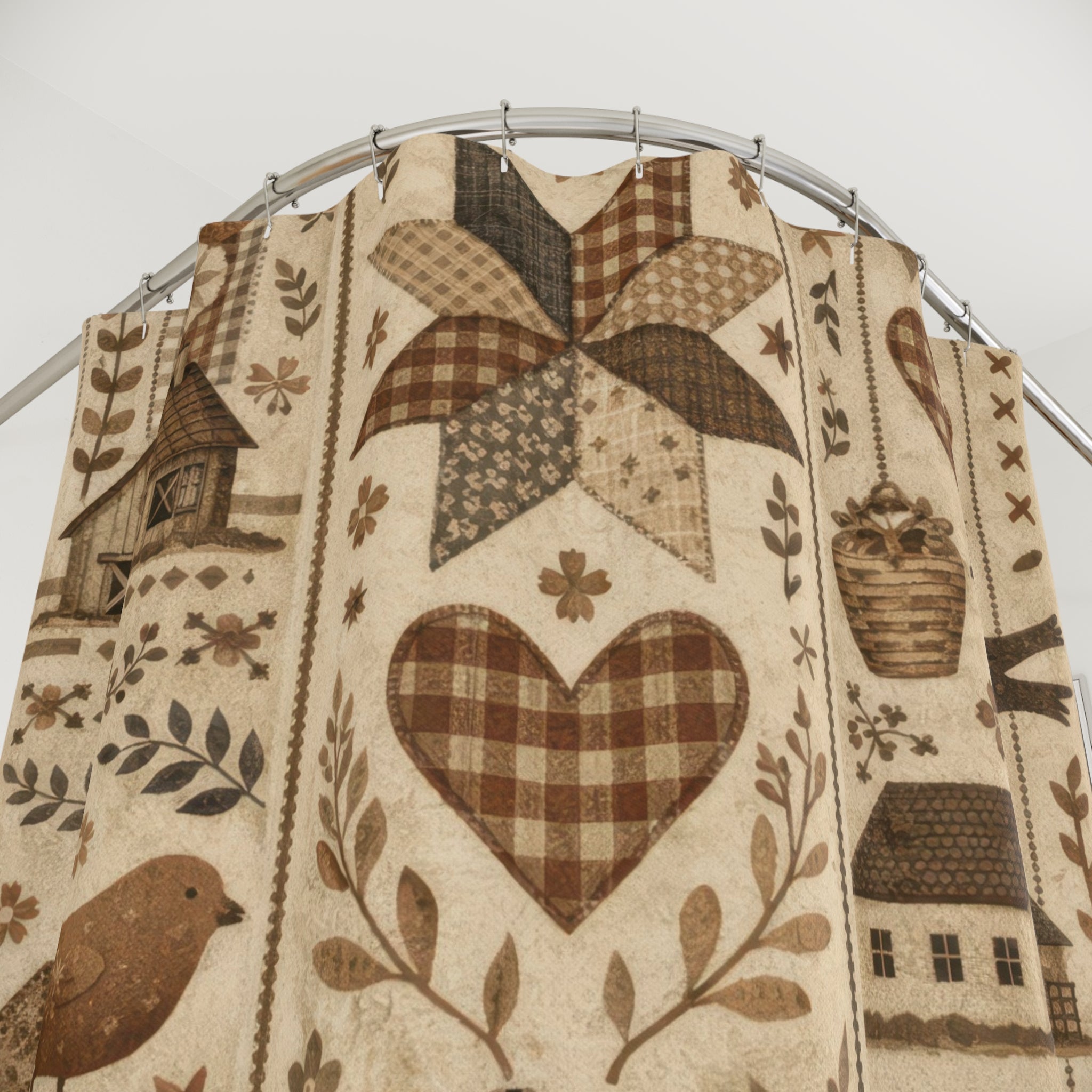 Farmhouse Patchwork Shower Curtain – Brown and Beige