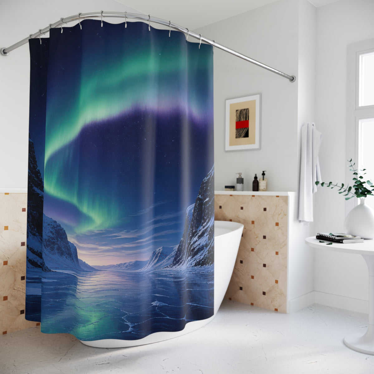 Emerald aurora above a frozen fjord and snowy cliffs shower curtain beside a freestanding tub
