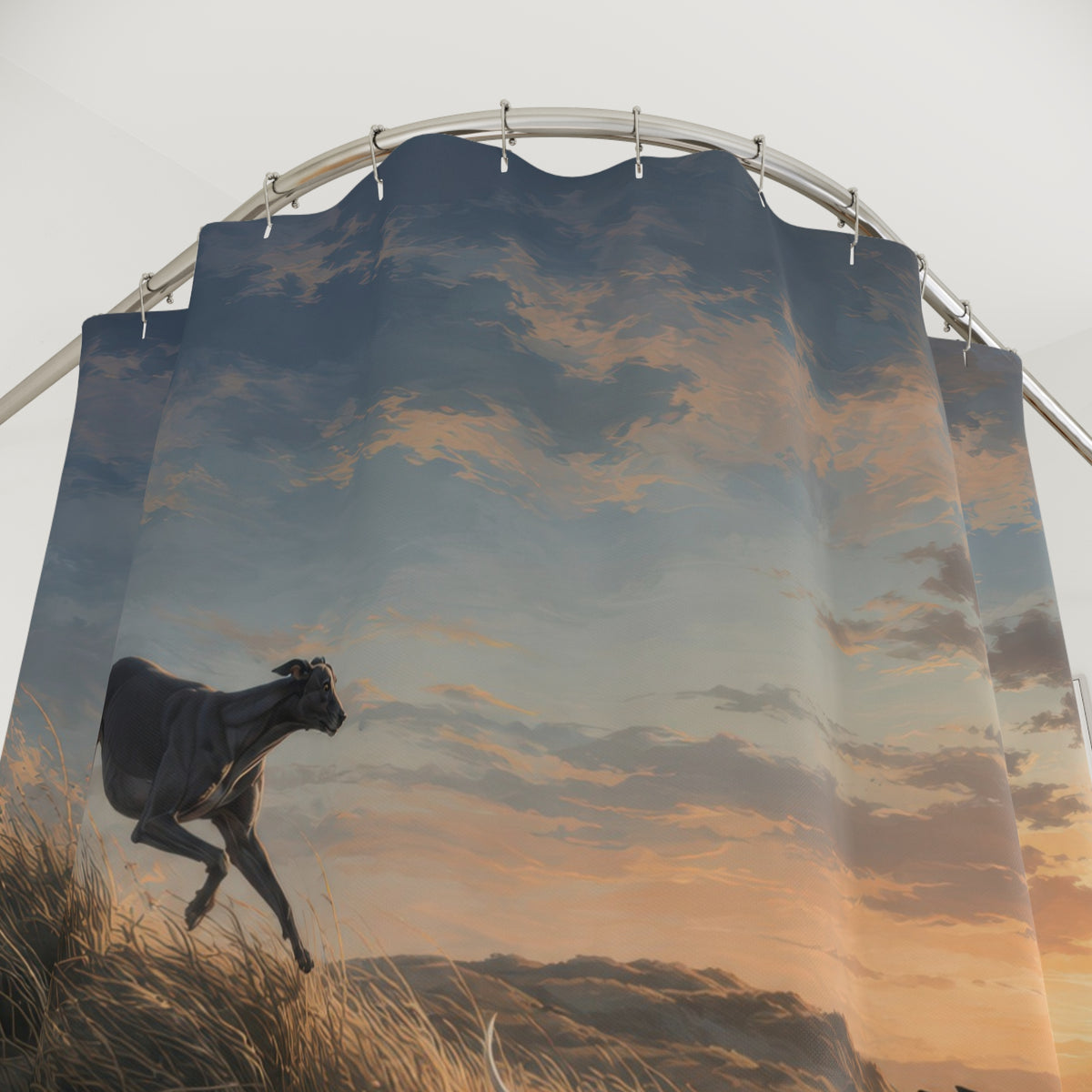 Four whippets racing through golden coastal dunes shower curtain with close-up print, hooks, and folds