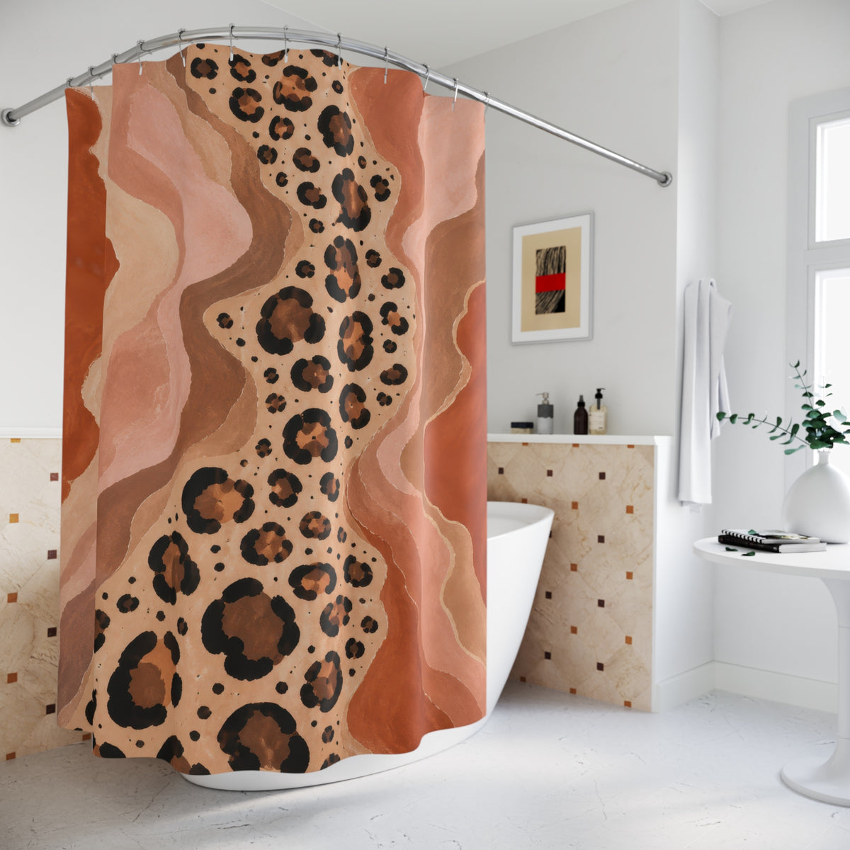 Cheetah print flowing through terracotta canyon shapes shower curtain beside a freestanding tub