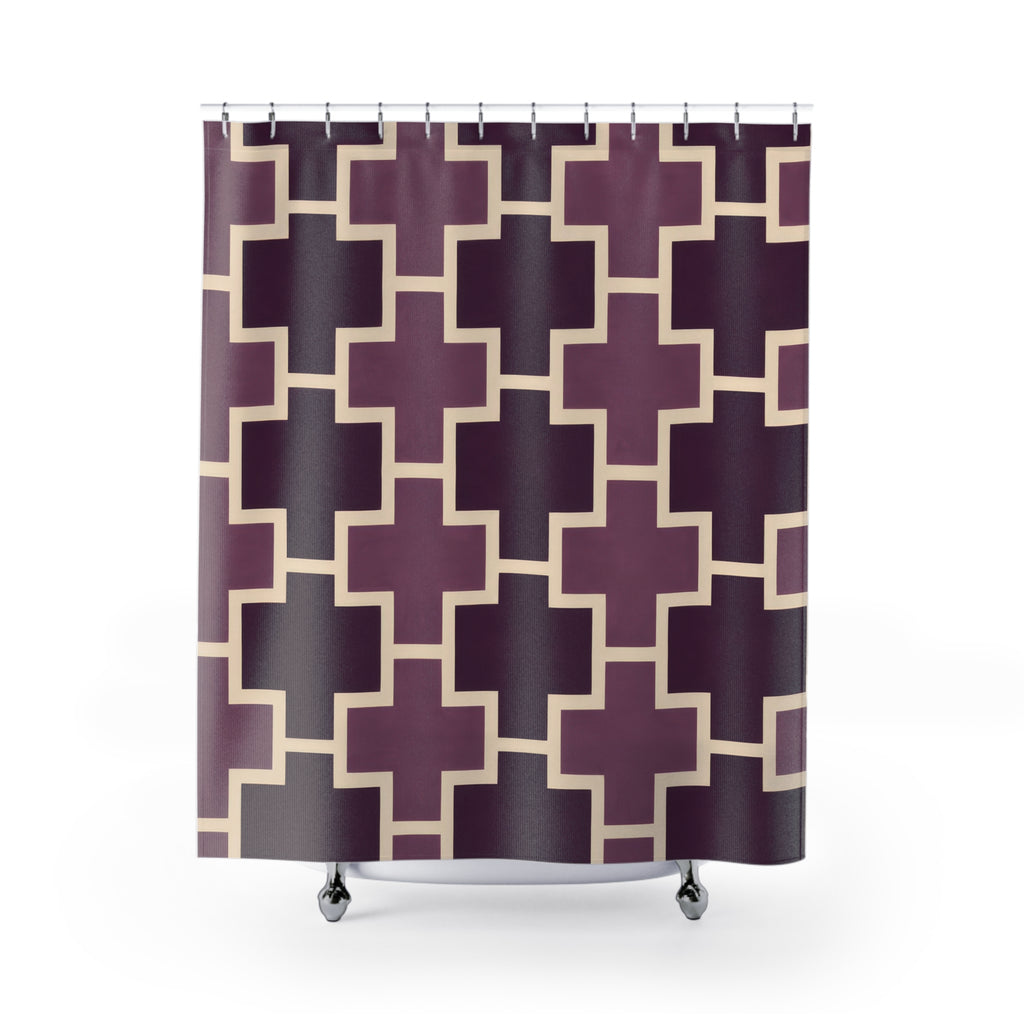 Plum crosses with cream outlines shower curtain with full front view