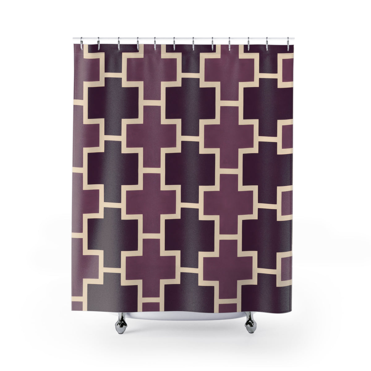 Plum crosses with cream outlines shower curtain with full front view