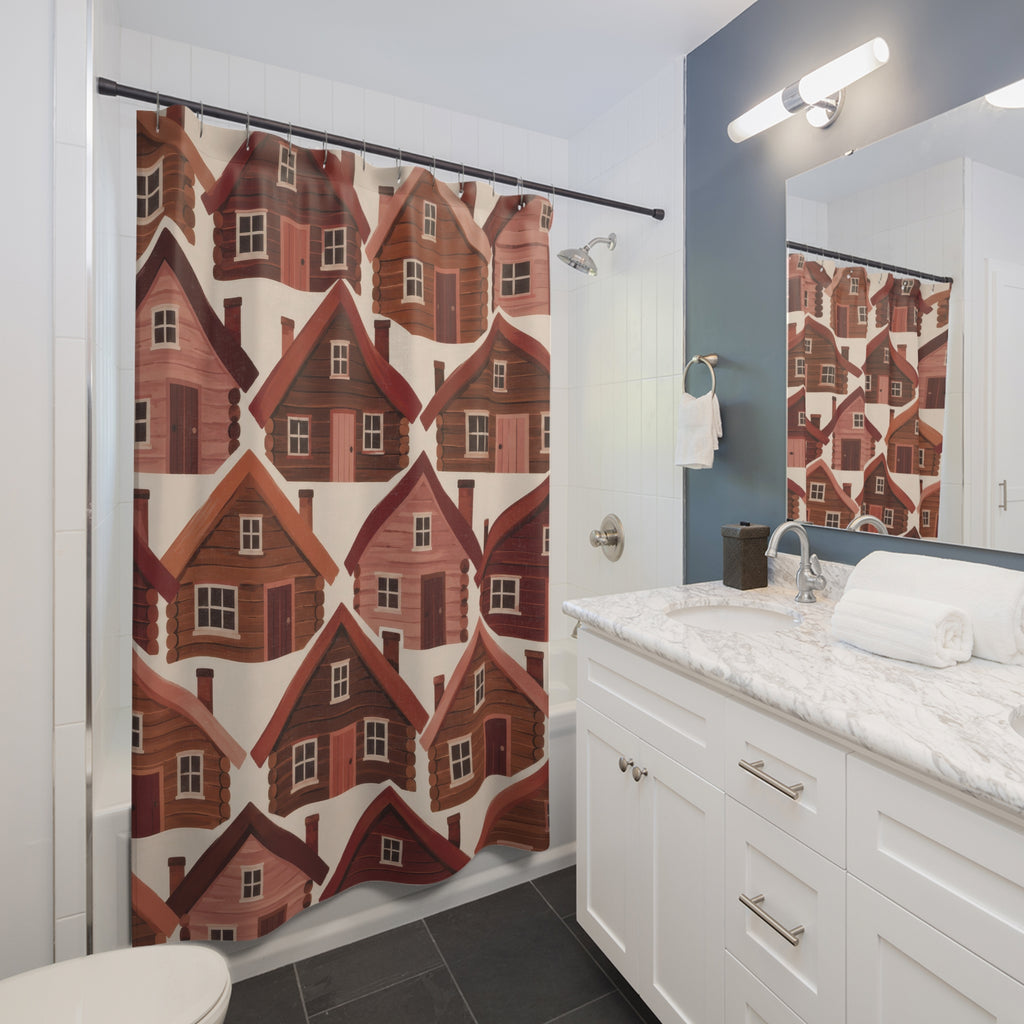 Terracotta and rose log cabin pattern shower curtain beside a white vanity