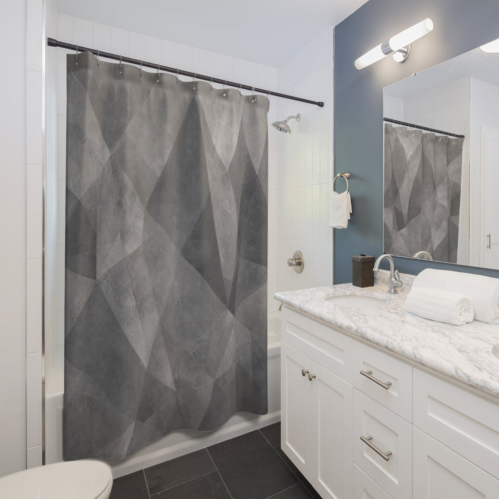 Geometric Shower Curtain, Gray Abstract Bath Decor, Faceted Triangle Pattern, Modern Neutral Guest Bathroom Decor, Faceted Modern Style