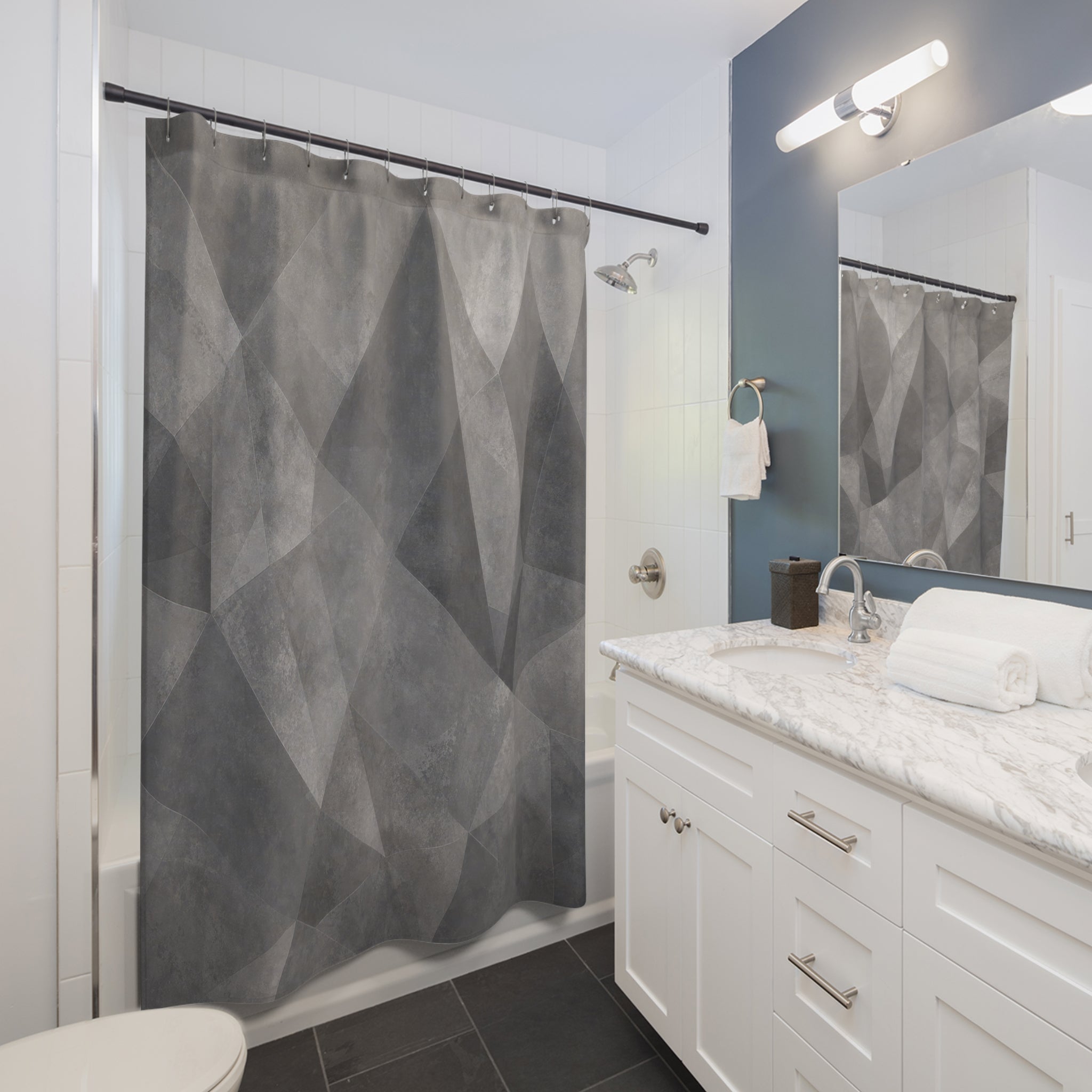 Geometric Shower Curtain, Gray Abstract Bath Decor, Faceted Triangle Pattern, Modern Neutral Guest Bathroom Decor, Faceted Modern Style