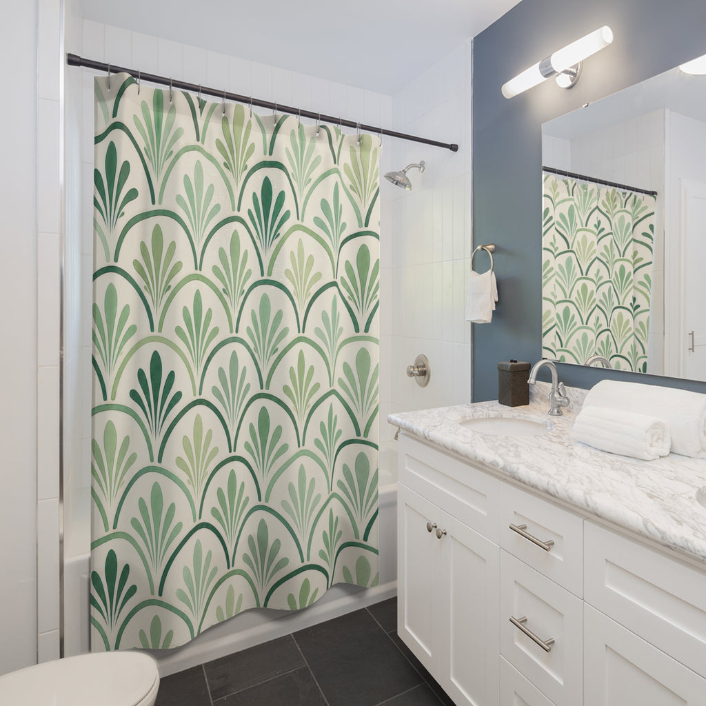Green Scallop Shower Curtain, Sage Mint Art Deco Fan Pattern, Botanical Bath Decor, Soft Geometric Guest Bathroom Accent, Spa Green