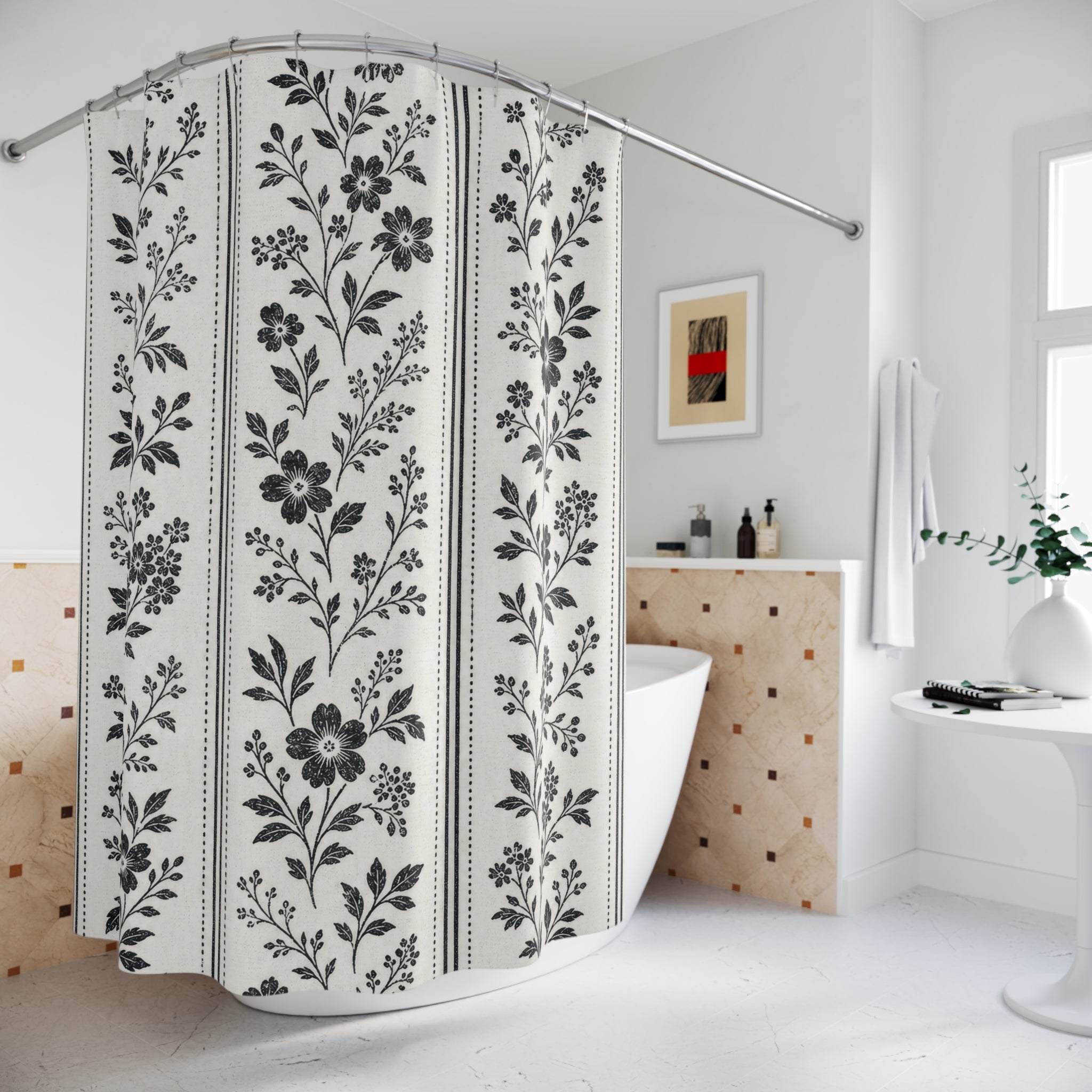 Black White Floral Botanical Line Vintage Vine Shower Curtain