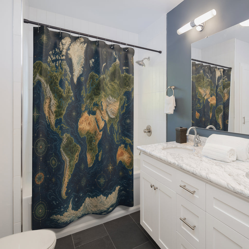 World Map Shower Curtain, Illustrated Botanical Atlas