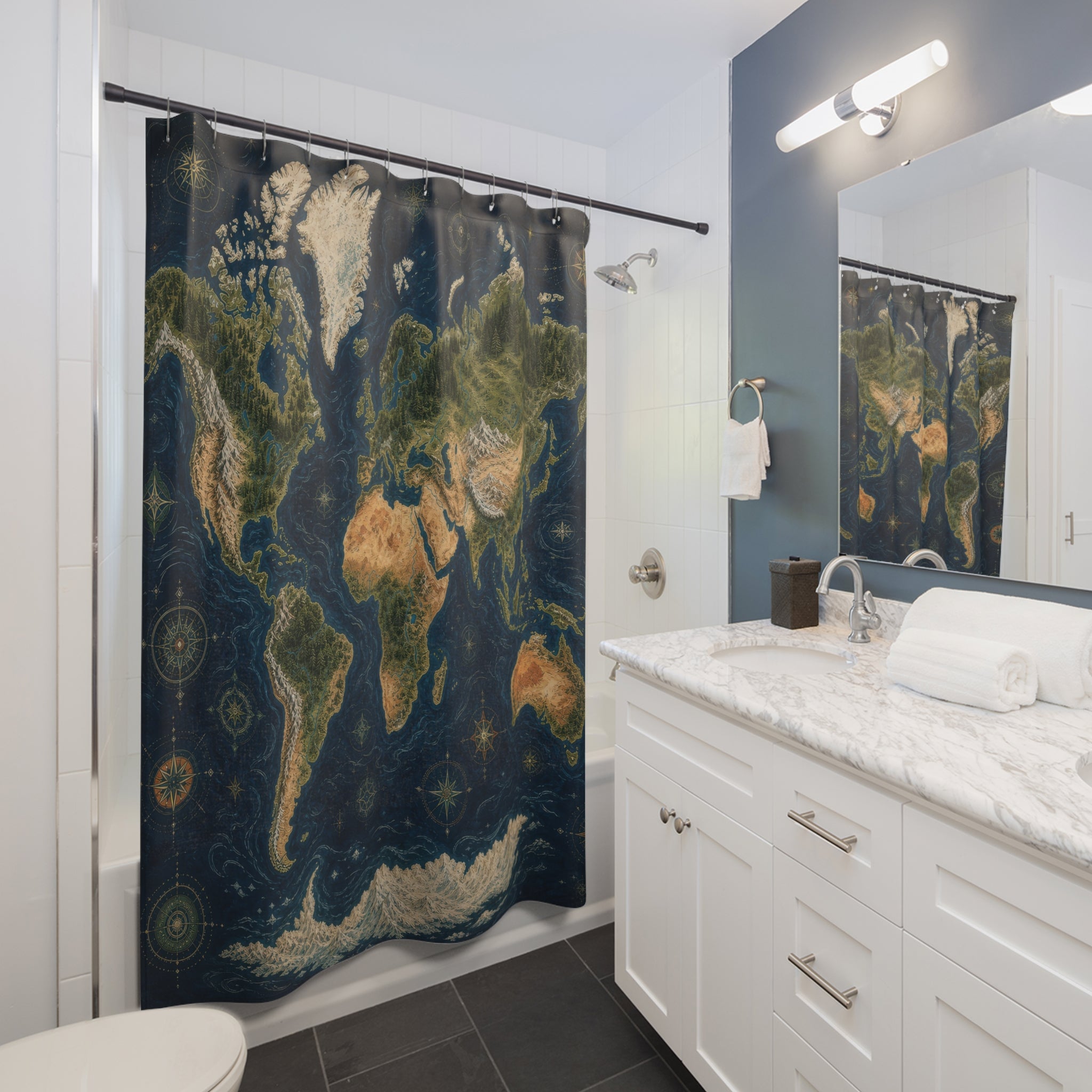 World Map Shower Curtain, Illustrated Botanical Atlas