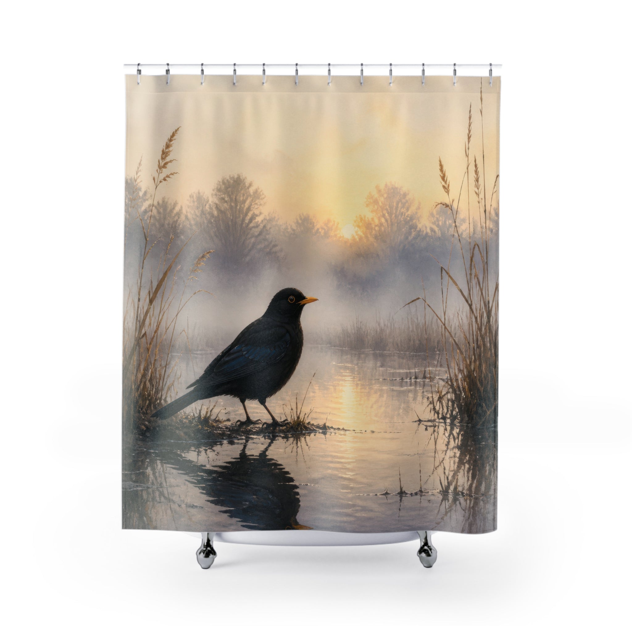 Blackbird beside a misty sunrise wetland reflection shower curtain with full front view