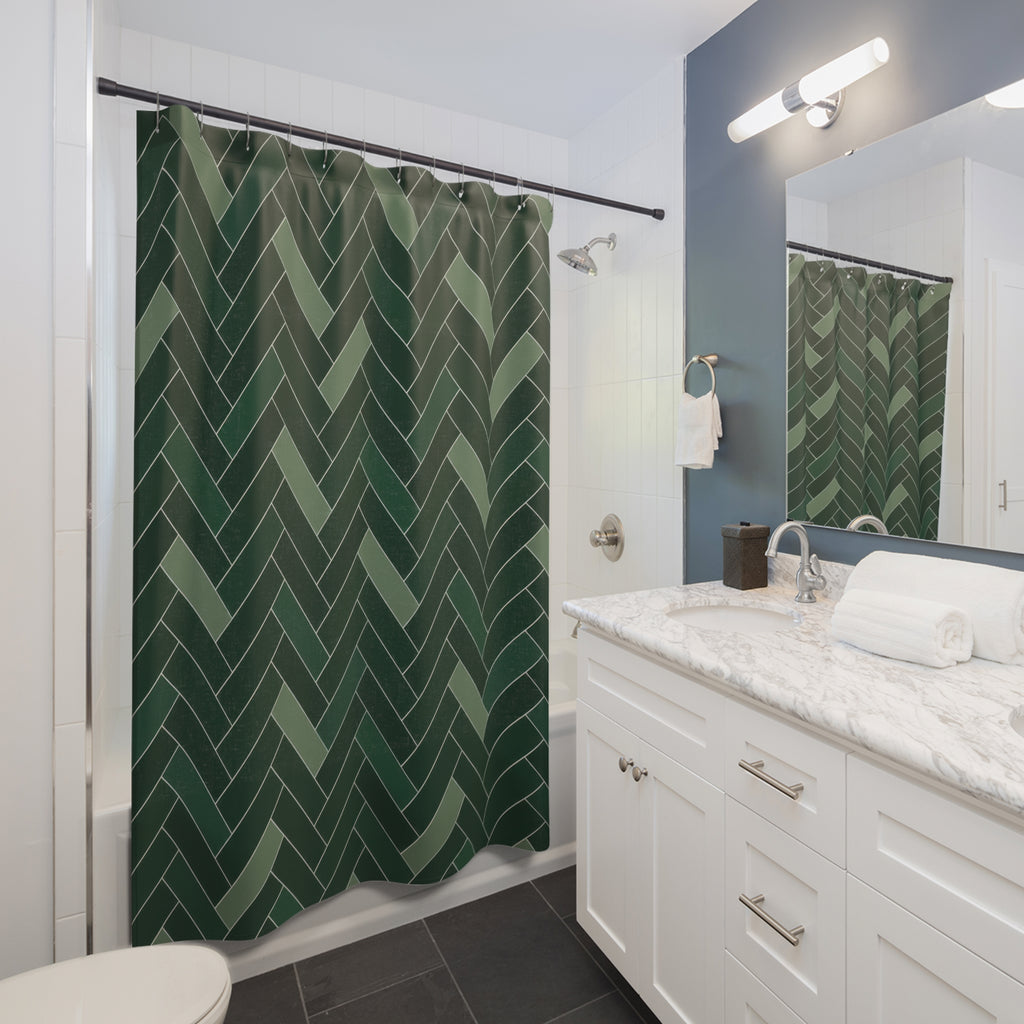 Dark green herringbone with sage bars and ivory lines shower curtain beside a white vanity