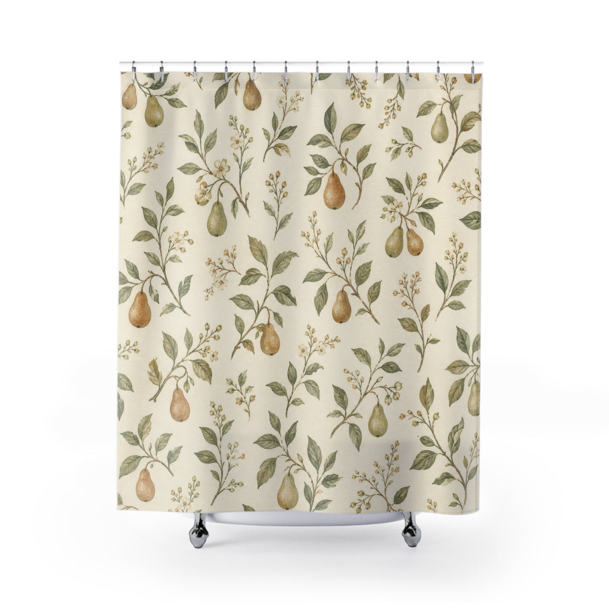 Pear Orchard Botanical fruit pattern shower curtain with full front view