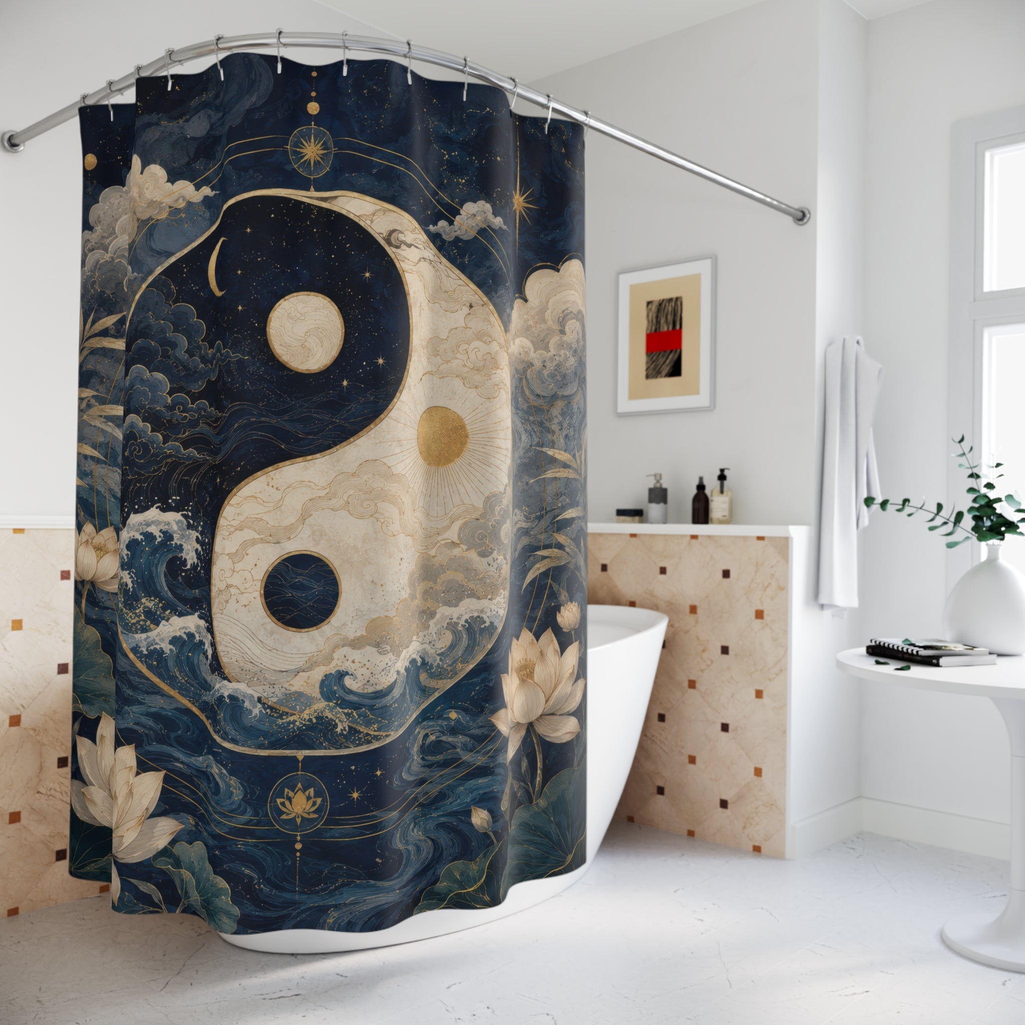 Yin Yang Shower Curtain: Celestial Navy Gold