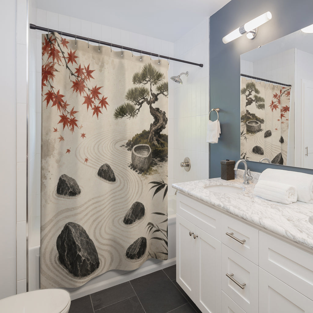 Zen Garden Shower Curtain, Sumi Ink Raked Sand and Stones