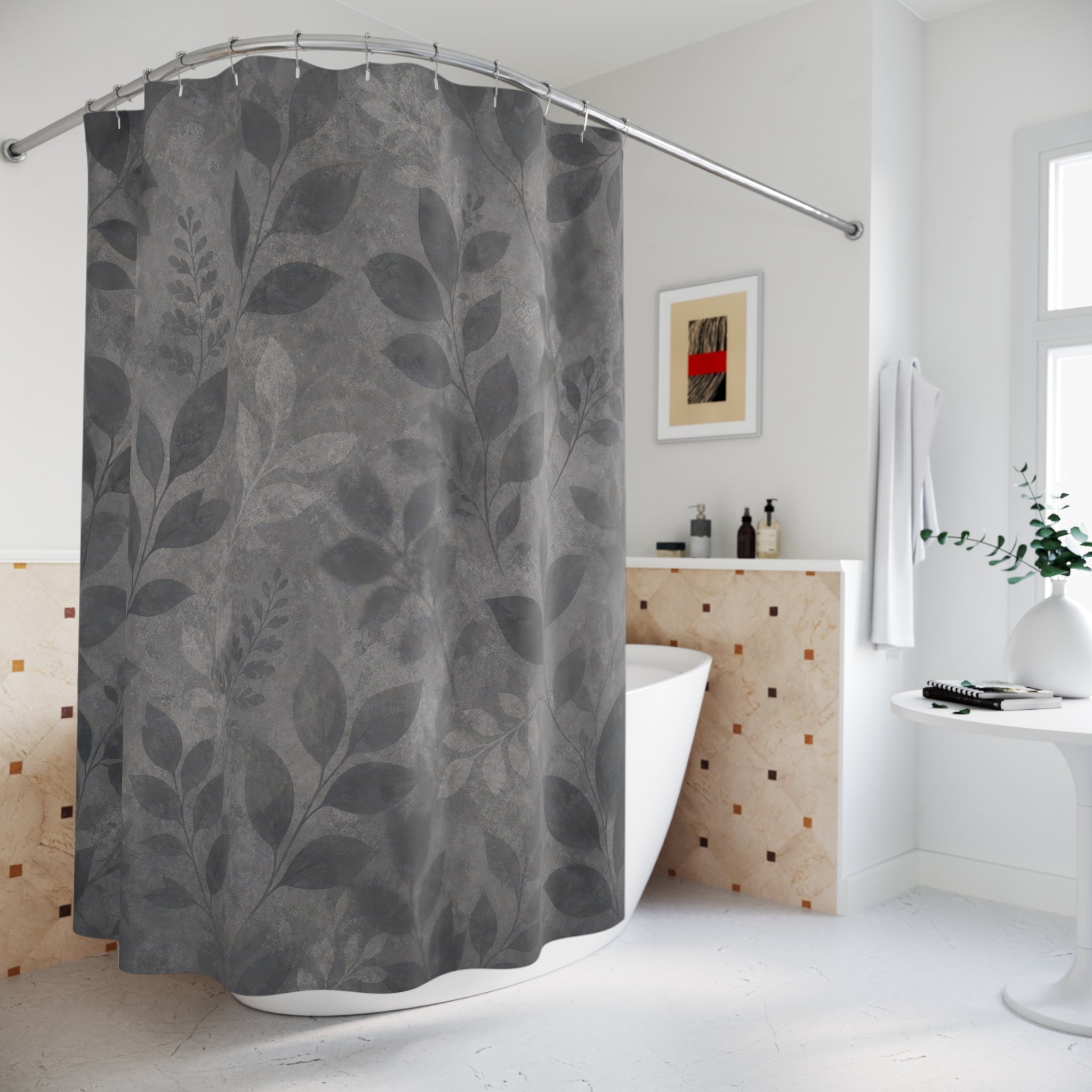 Gray Floral Shower Curtain, Dark Botanical Bath Decor, Leaf Vine Pattern, Moody Neutral Guest Bathroom Decor, Soft Garden Charcoal Style