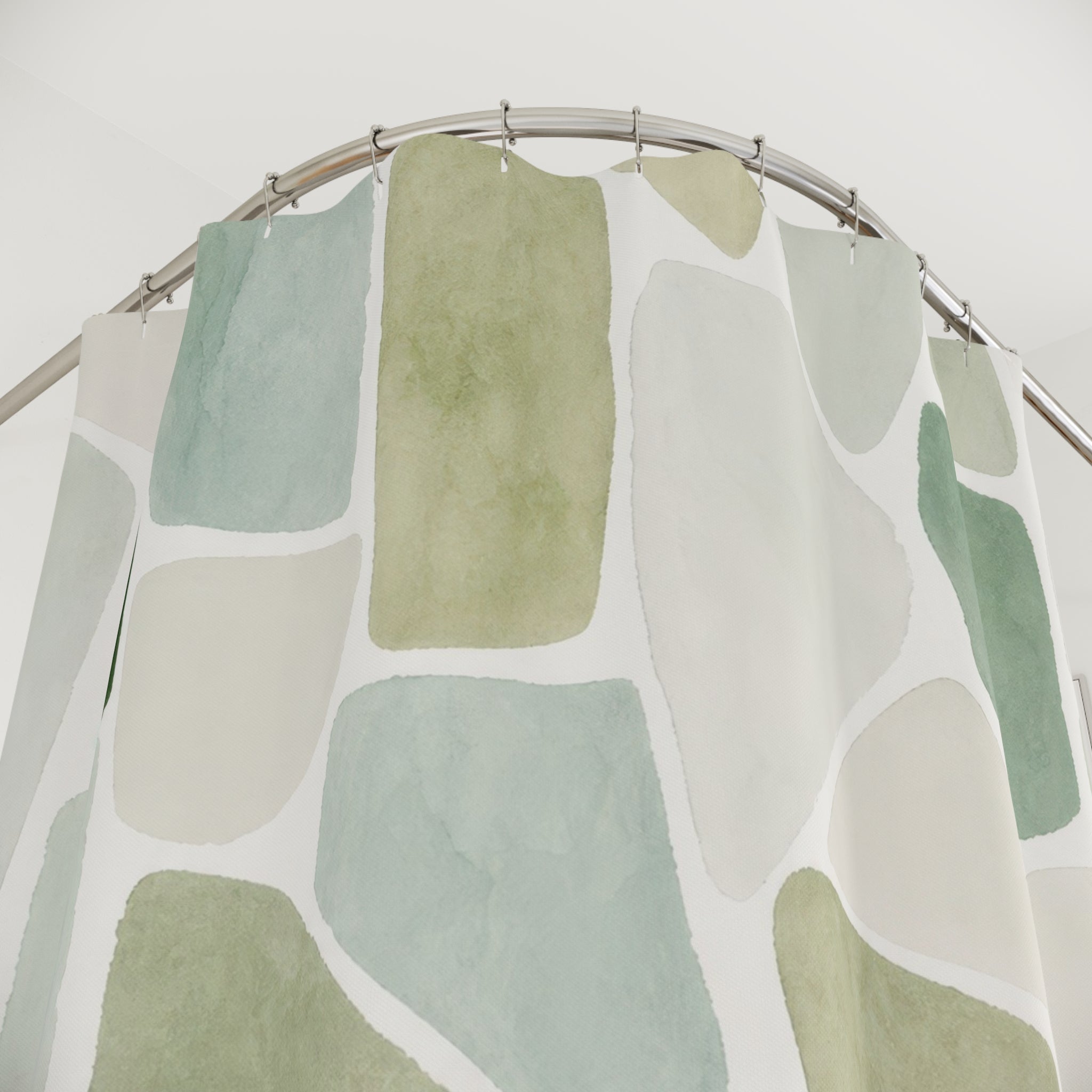 Green White Shower Curtain, Abstract Mosaic Bath Decor, Sage Tile Pattern, Modern Guest Bathroom Decor, Soft Organic Fresh Style Decor