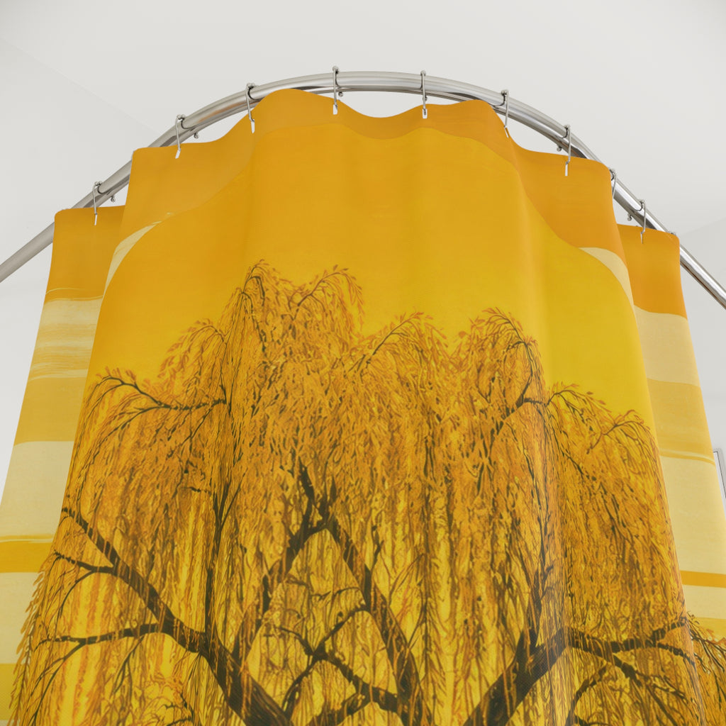 Golden willow tree silhouetted before a large sun shower curtain with close-up print, hooks, and folds