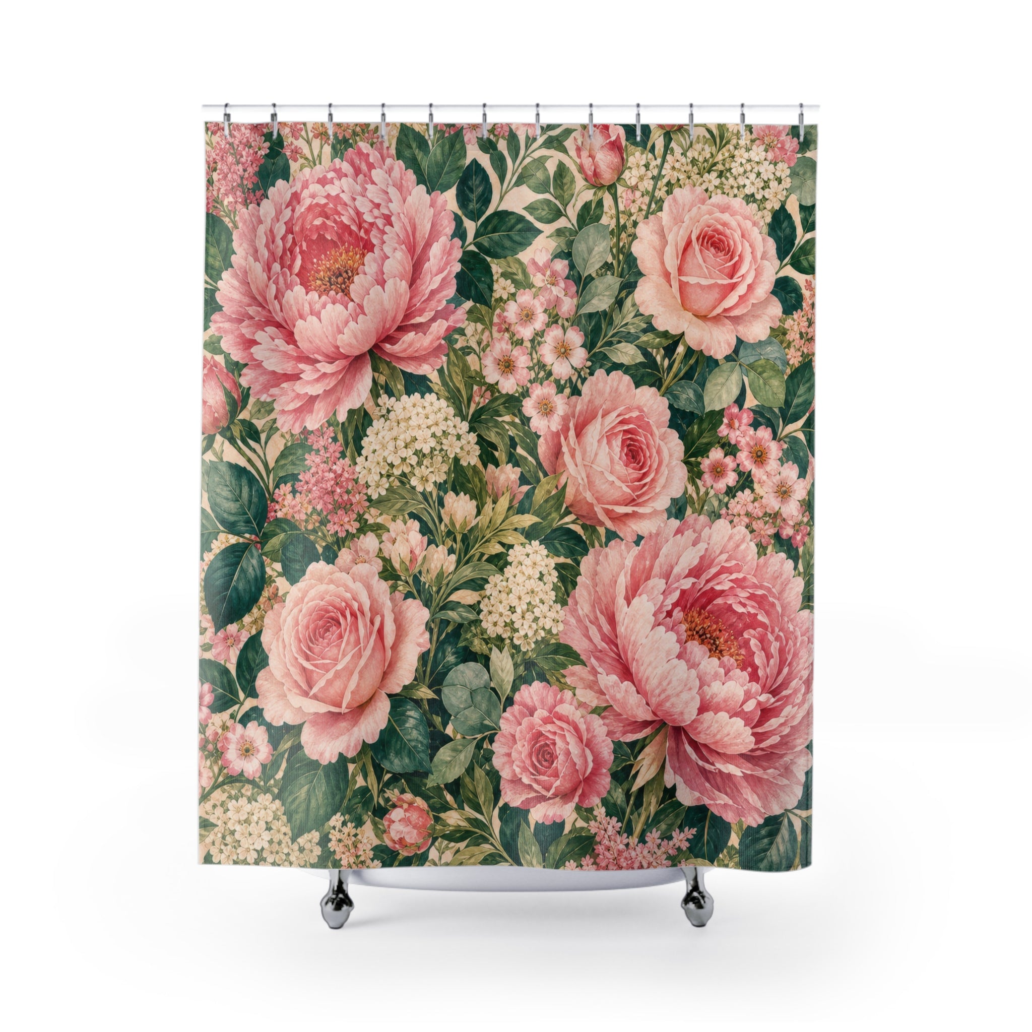 Green and Pink Shower Curtain: Rose Floral Botanical Pattern