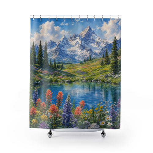 Alpine Wildflower Lake green blue shower curtain with full front view