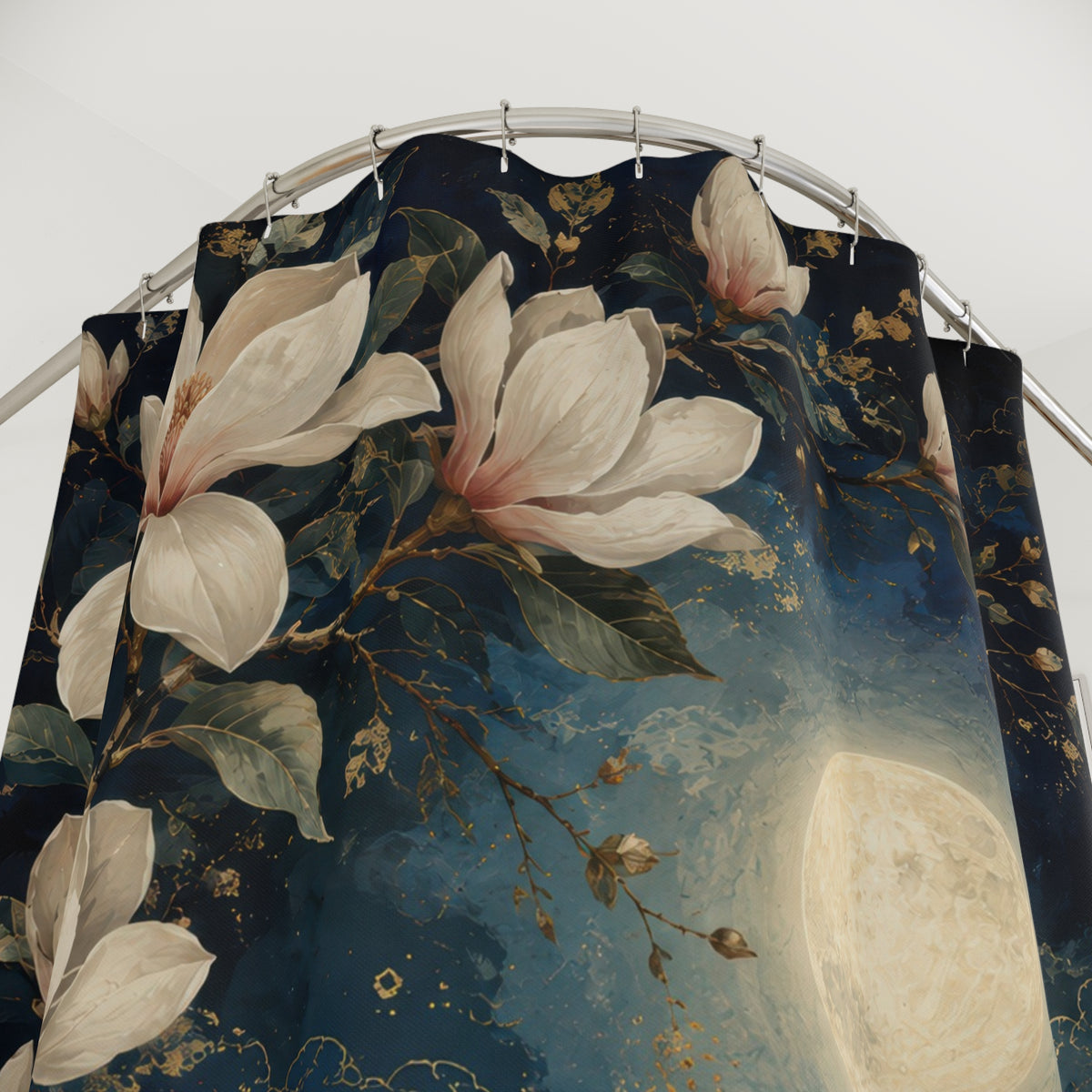 Moonlit ivory magnolia blossoms on midnight blue shower curtain with close-up print, hooks, and folds