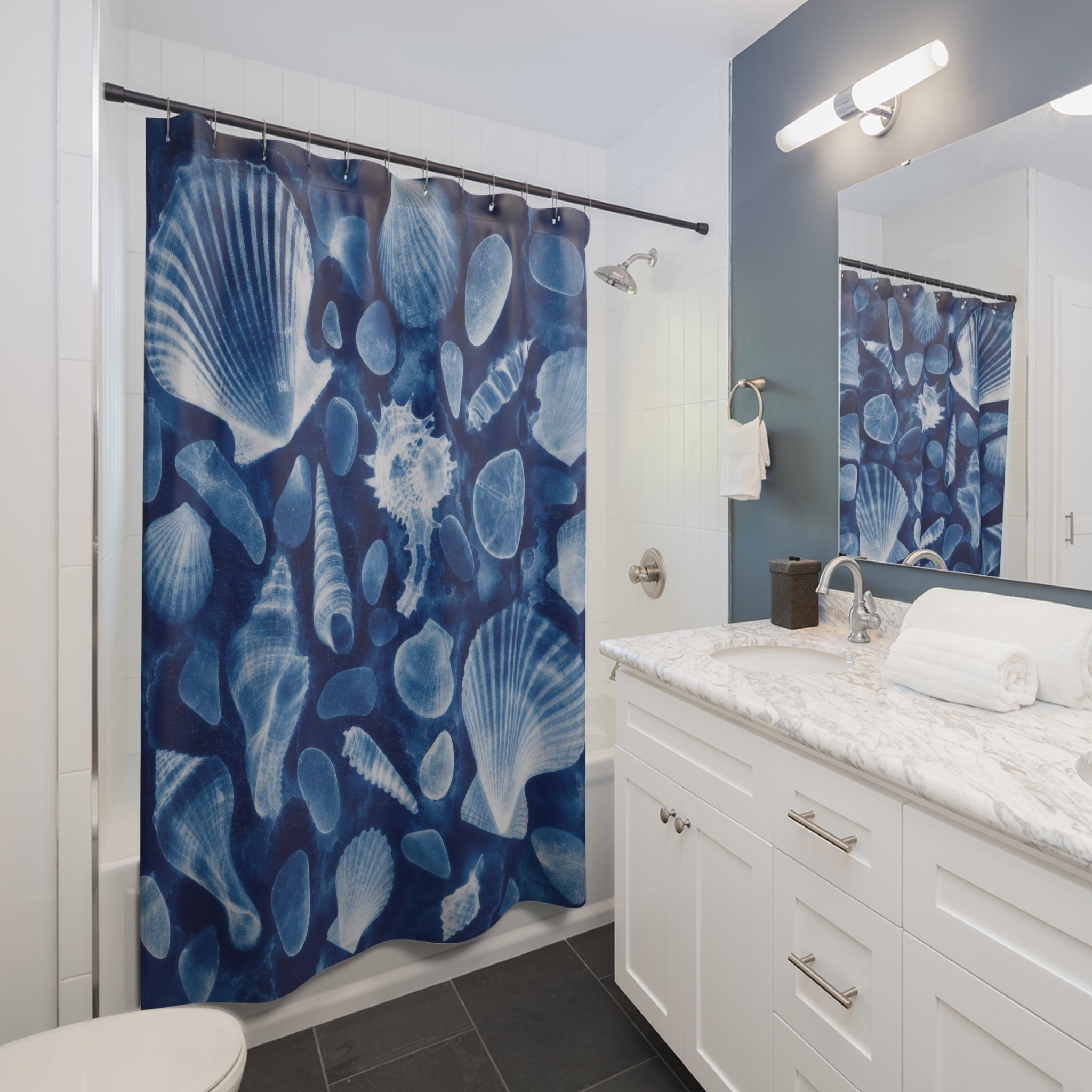 Indigo Cyanotype Shell Shower Curtain