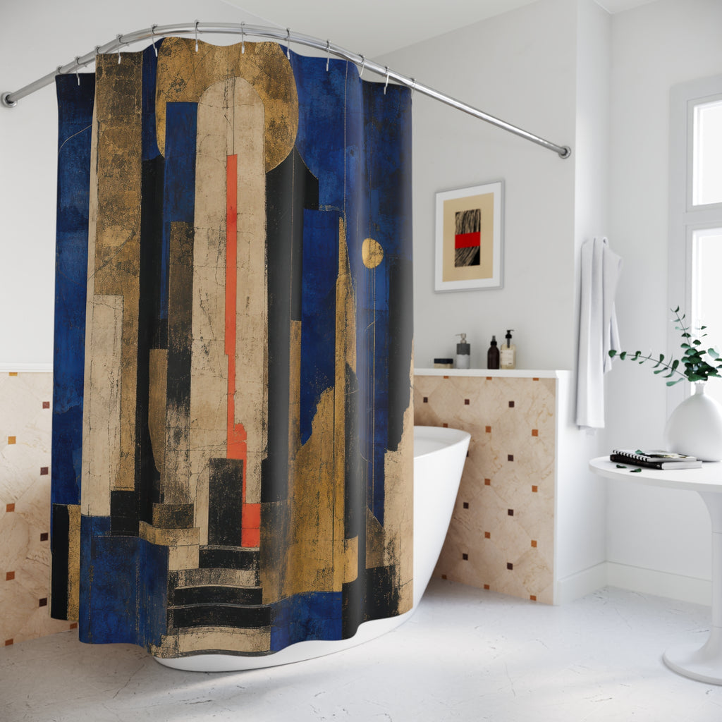Art Deco Shower Curtain, Navy Blue Gold Architectural Arch, Abstract Geometric Bathroom Decor, Modern Glam Guest Bath Art, Bold Bath Decor