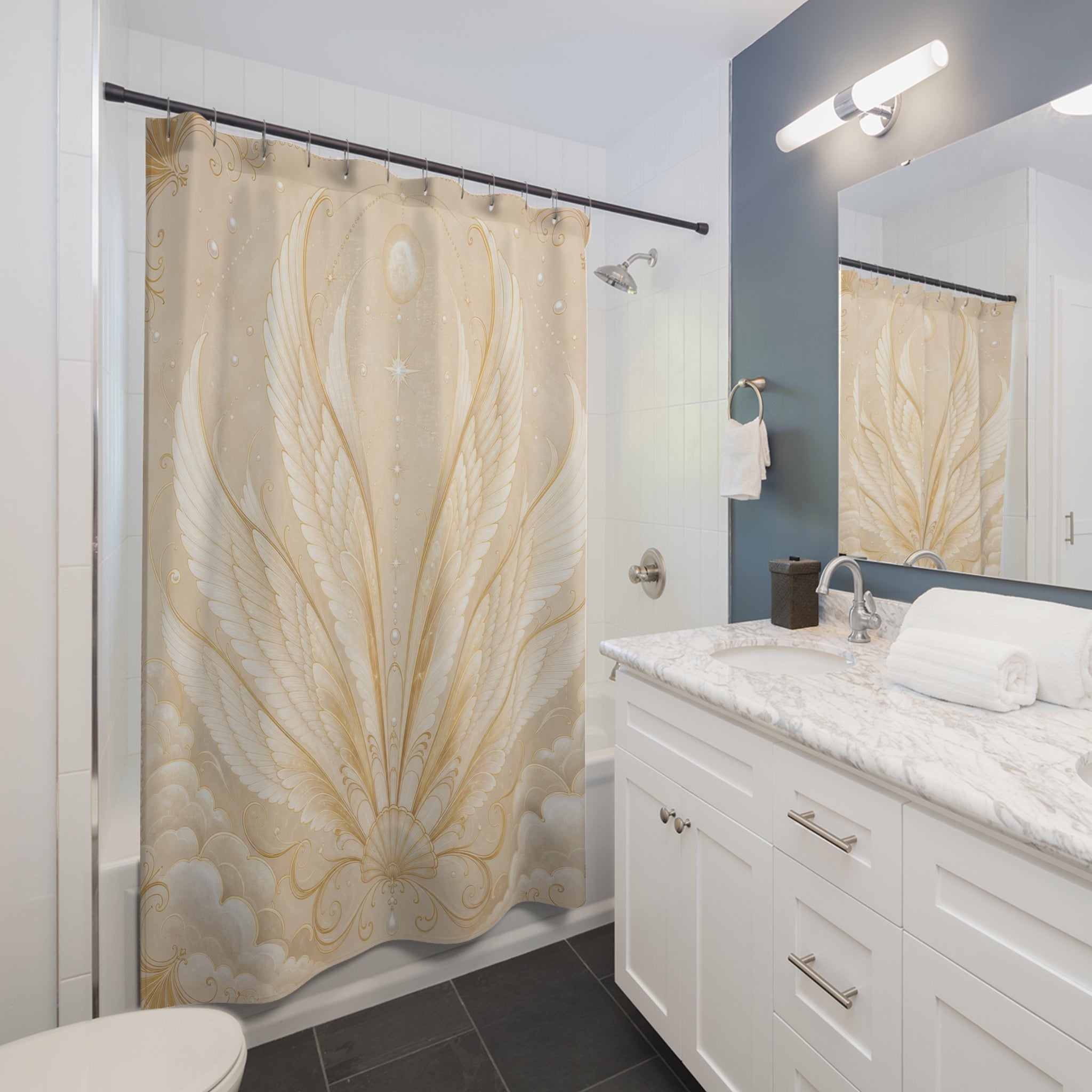 Celestial Wings Shower Curtain, White Gold Angel Bath Decor, Art Nouveau Feather Pattern, Elegant Cream Ivory Celestial Bathroom Decor
