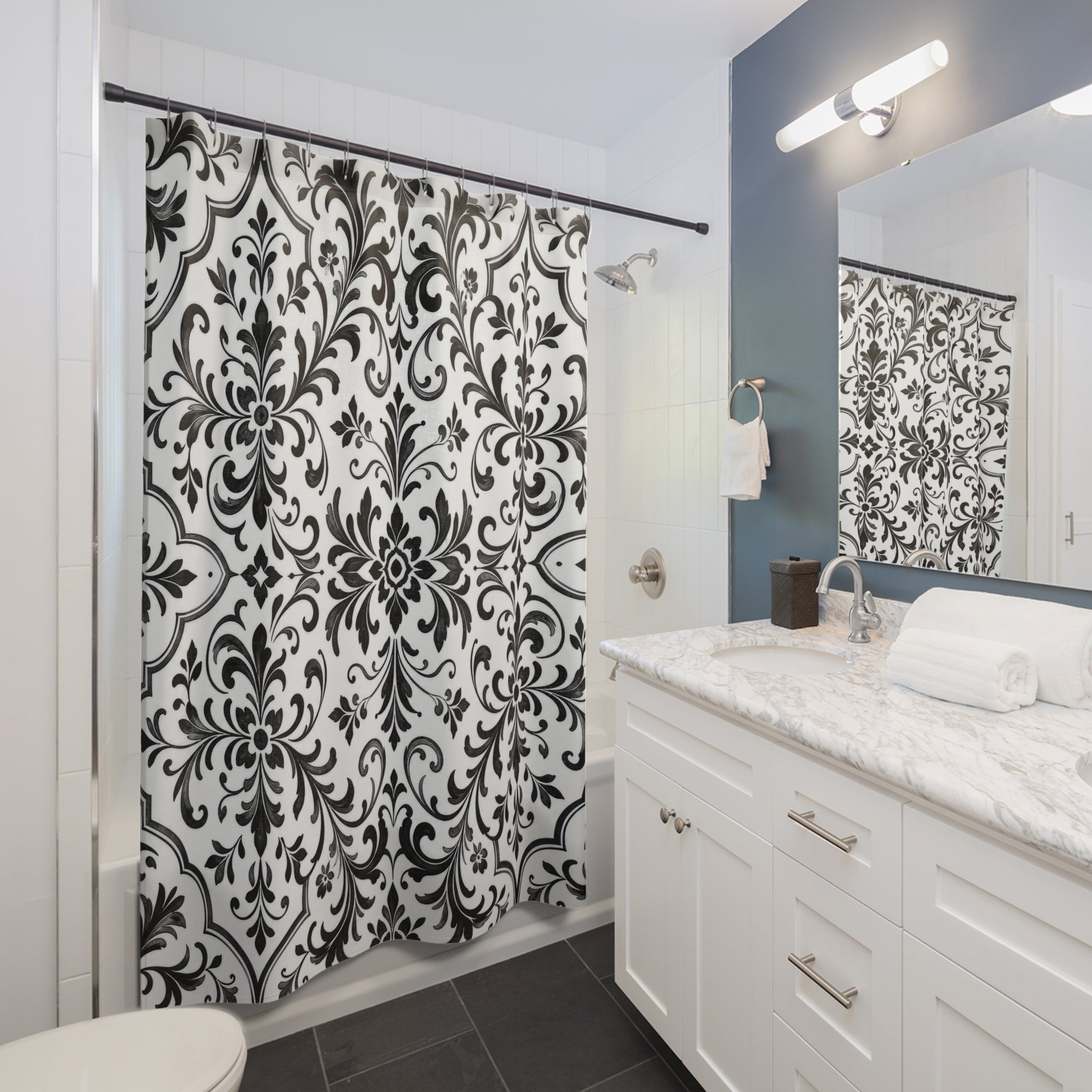 Black White Damask Floral Botanical Scroll Vintage Shower Curtain