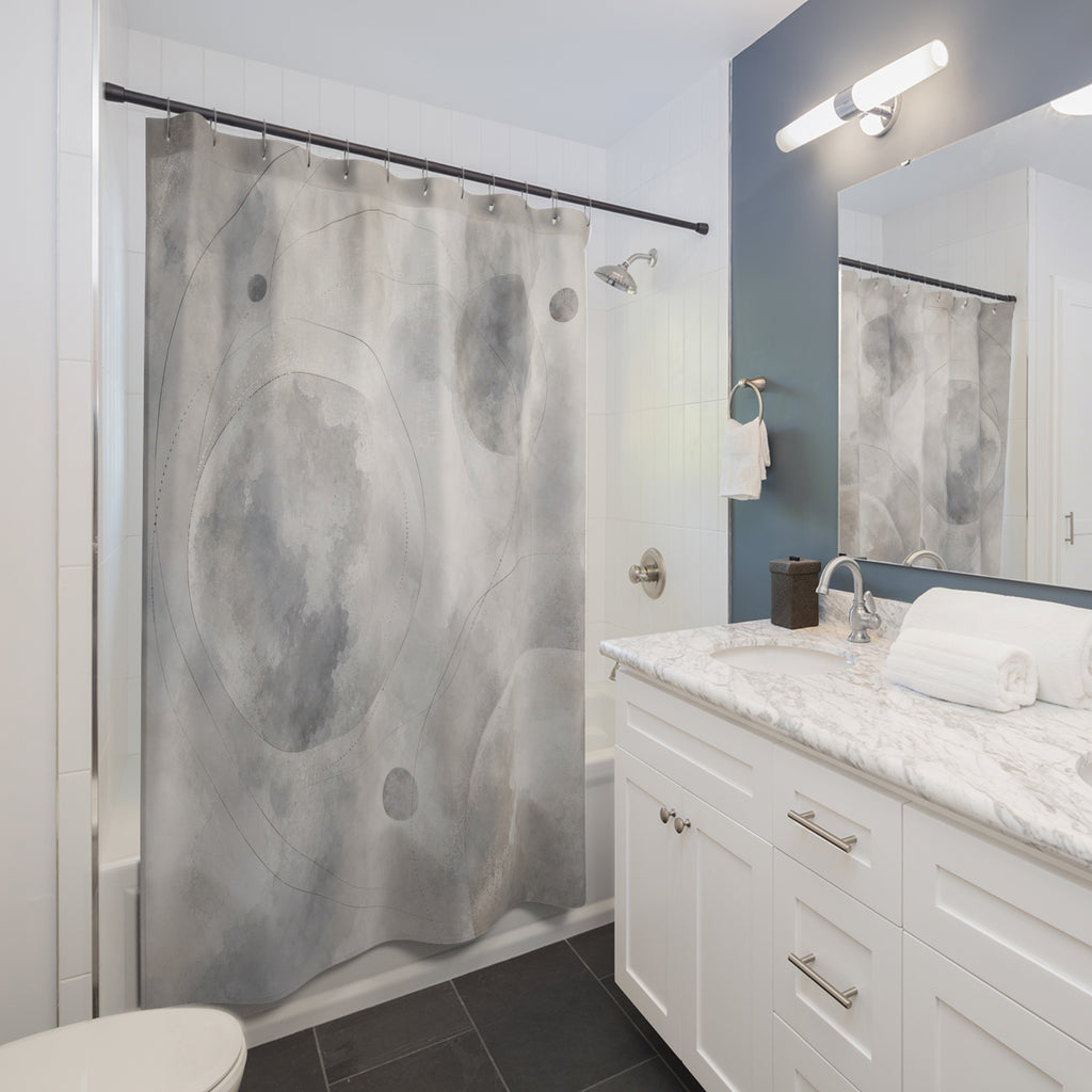 Celestial Shower Curtain, Gray Moon Bath Decor, Abstract Circle Pattern, Soft Modern Guest Bathroom Decor, Minimal Space Moon Style
