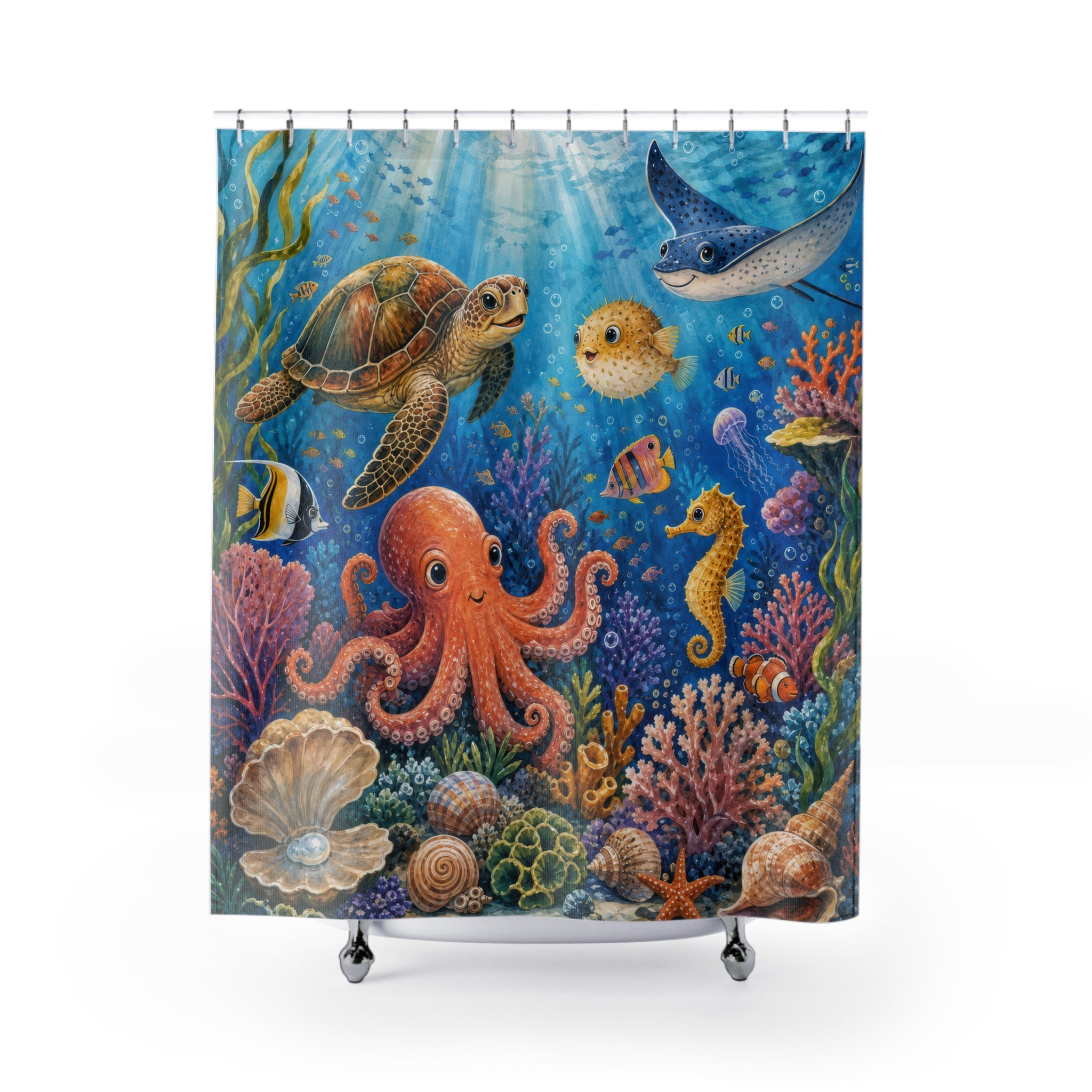 Colorful Coral Reef Friends Kids Shower Curtain