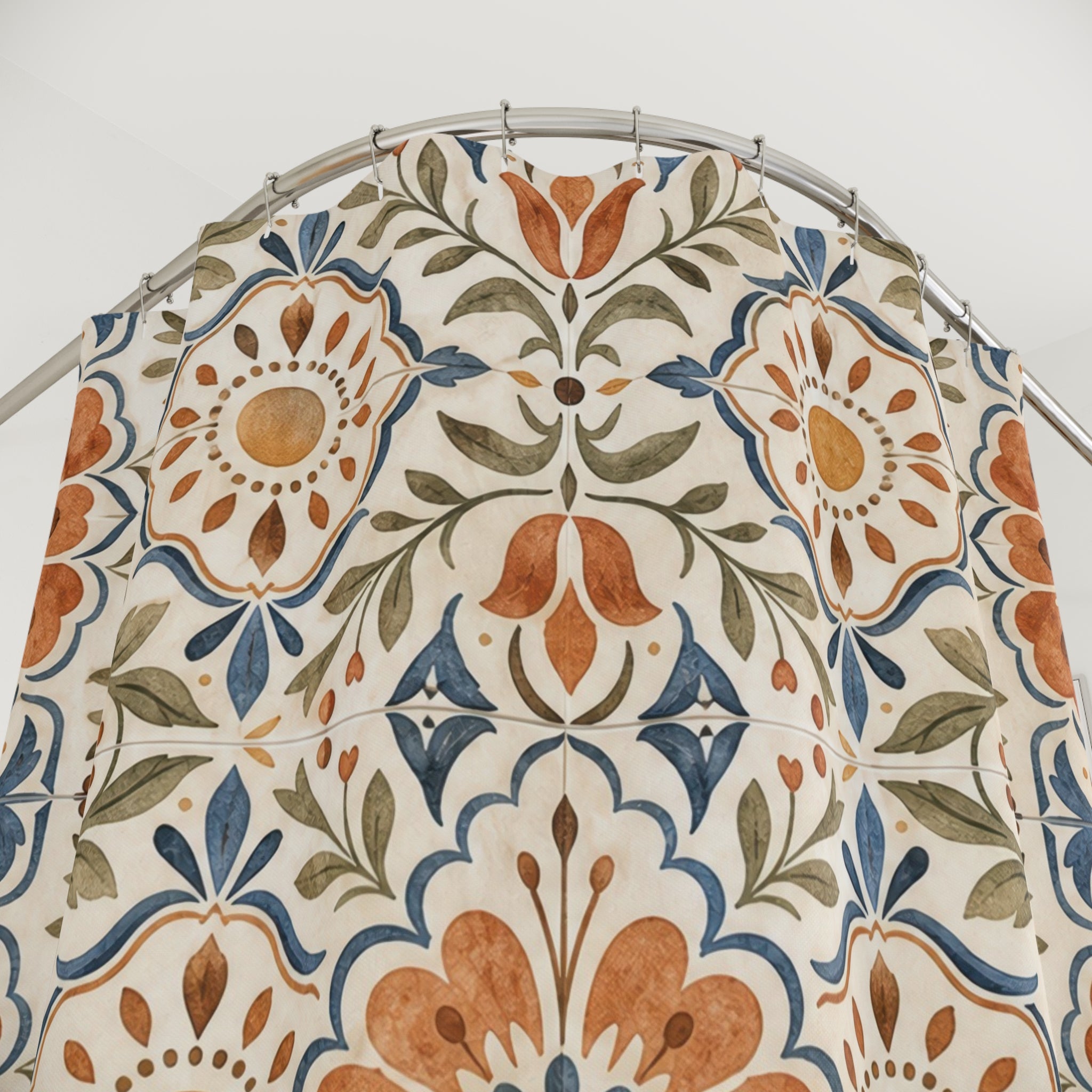 Terracotta Blue Boho Tile Shower Curtain